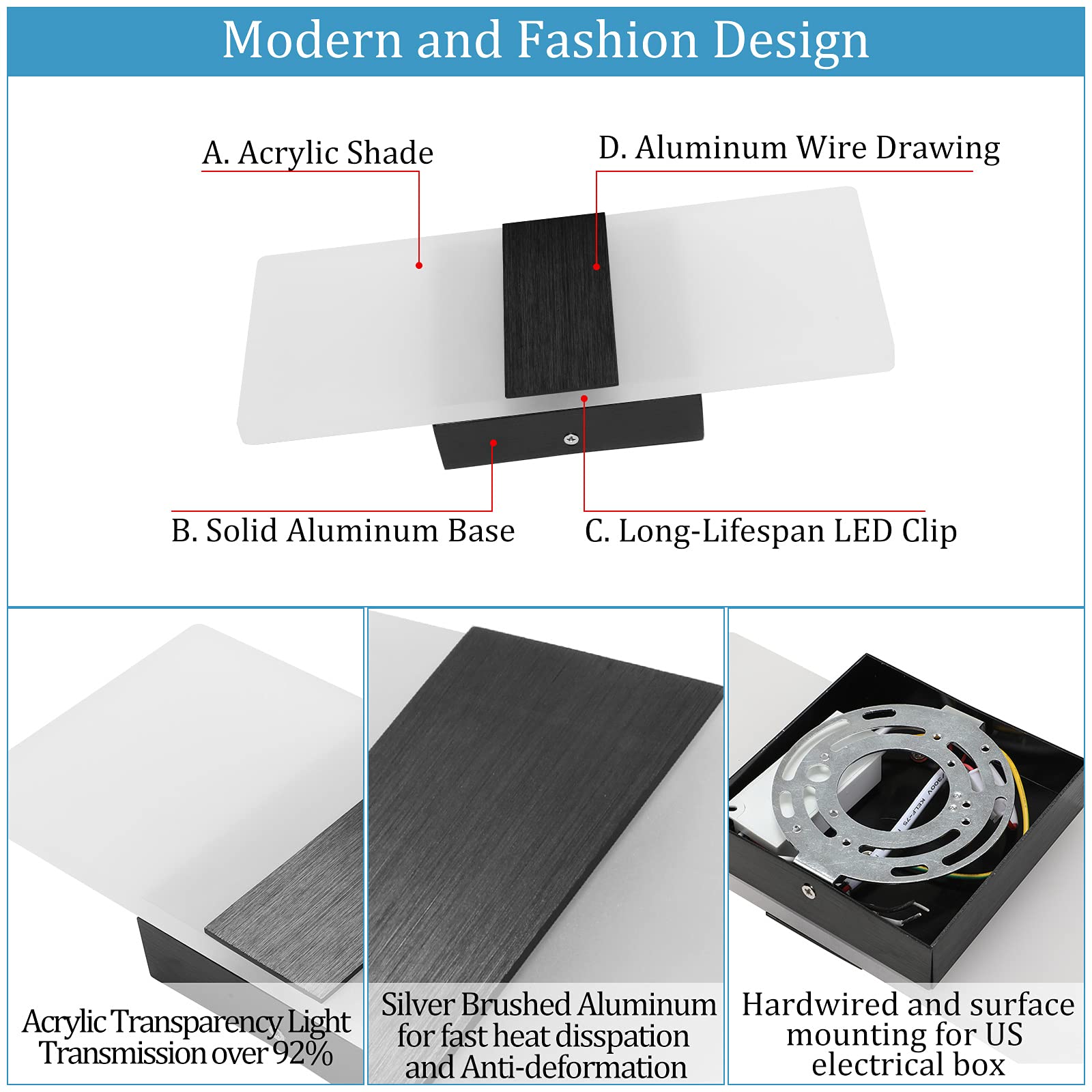 Lightess Modern Wall Sconce 12W Dimmable Acrylic Indoor Lamp Black 9930075-BJ