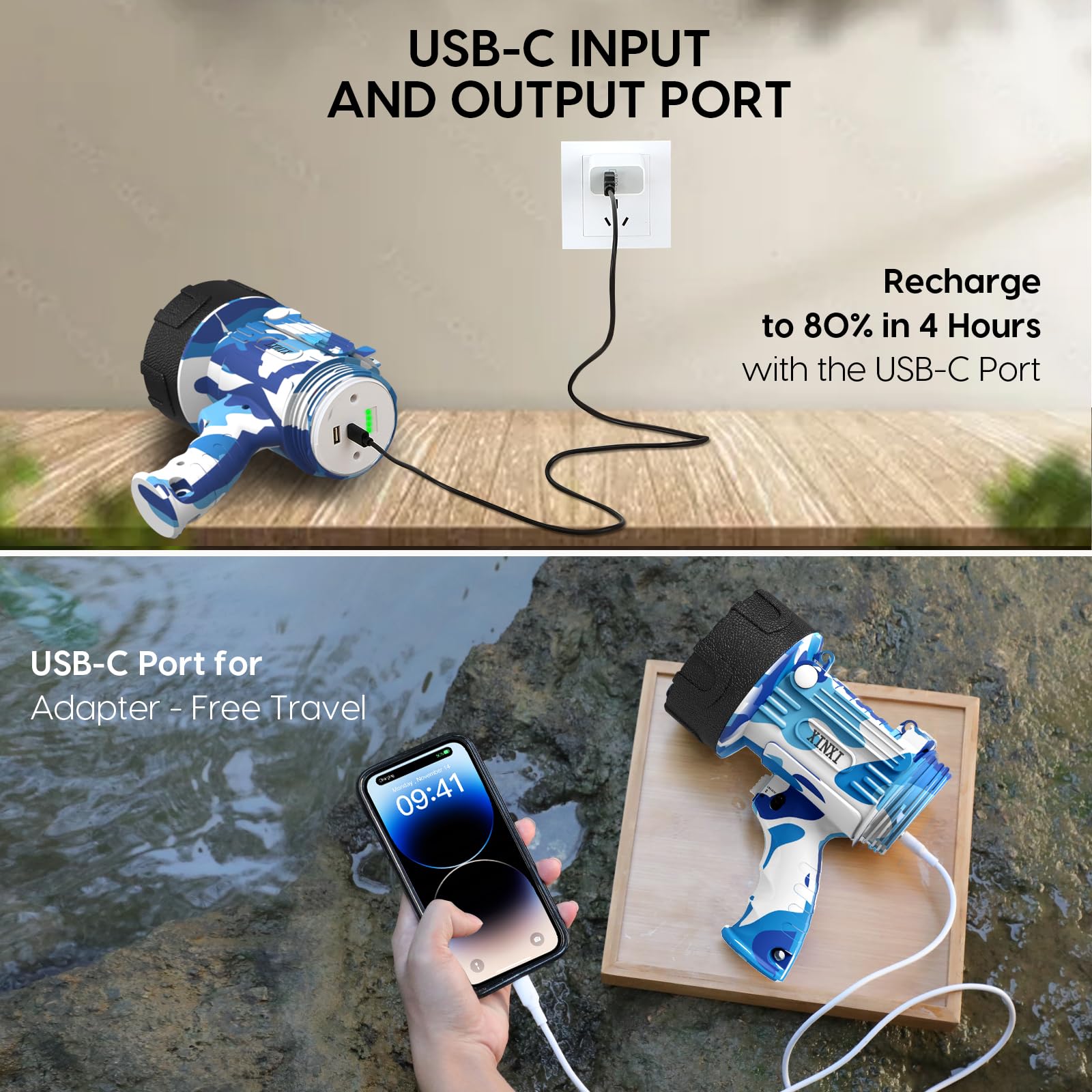 XINXI Rechargeable Spotlight, 1000000 Lumens, 4 Light Modes, USB Charger, IP67 Waterproof, Model X2303b, Camouflage Blue