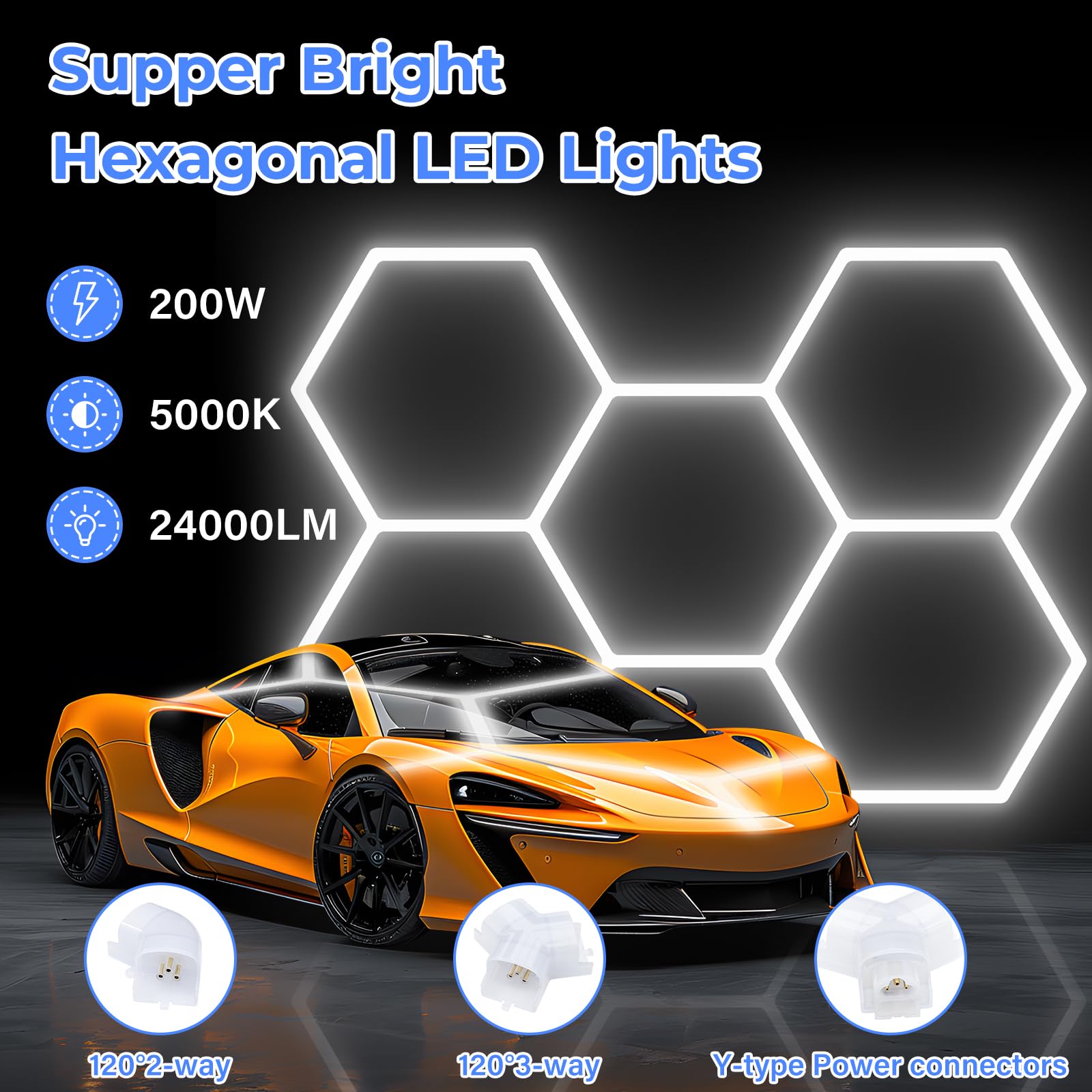 Hexagon Garage Lights-200W Led Lights,5000K 24000Lm Updated Bigger Size 25 Pack Led Lights,Led Shop Lights For Car Detailing,Wor