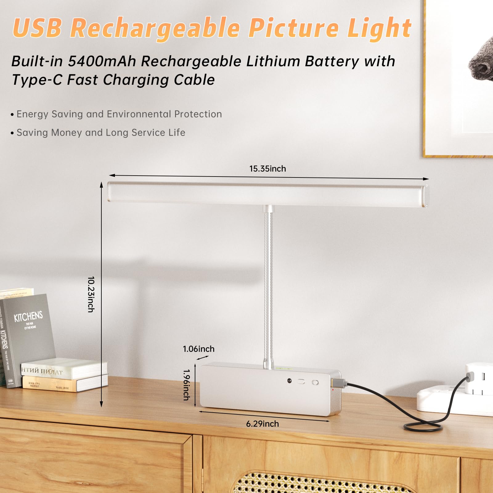 Picture Light With Remote, 15.35Inch Wireless Rechargeable Battery Wall Light For Paintings, 3 Colors Paintings Light Dimmable &