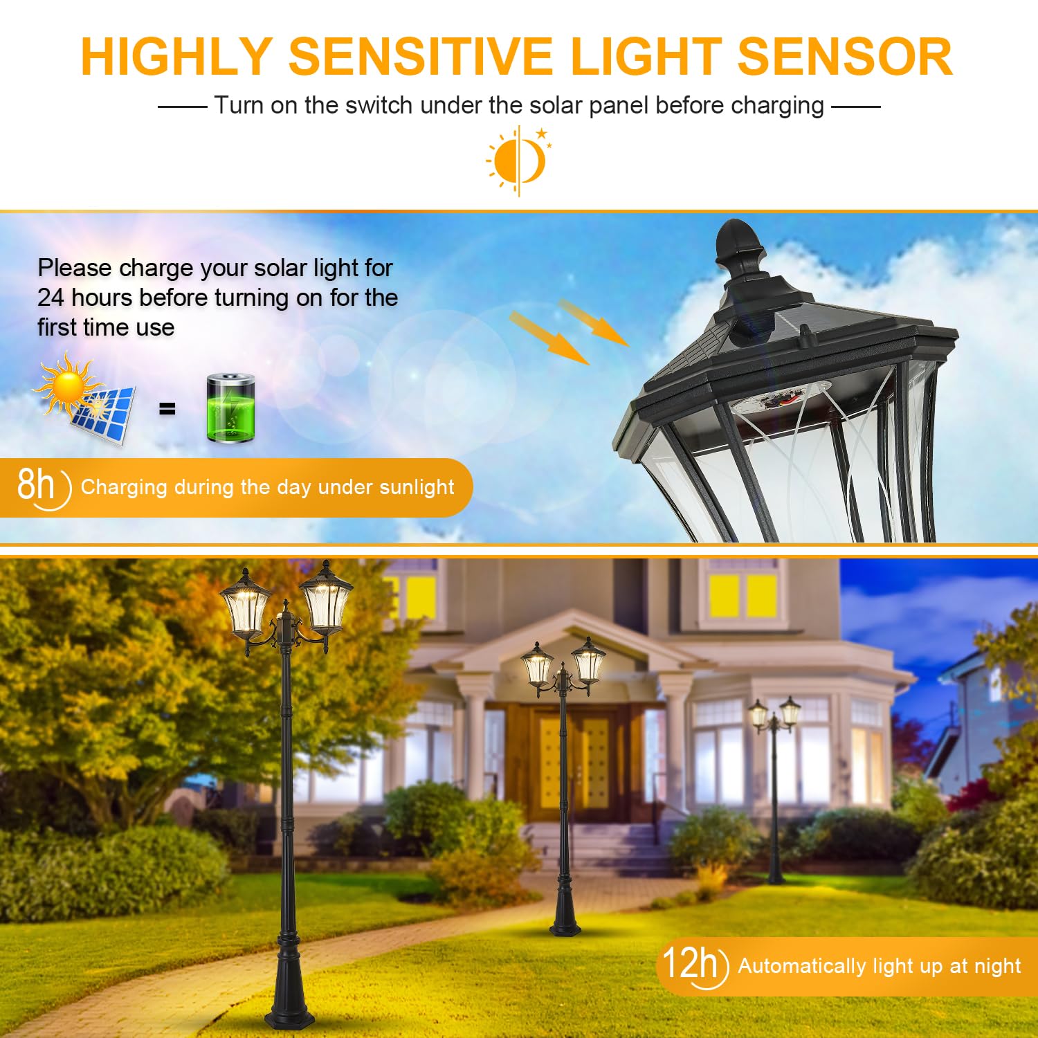 Scnycul Outdoor Solar Lamp Post Lights With Dusk To Dawn Sensor, Waterproof Led 2-Head Street Lights, Modern Solar Column Pole L