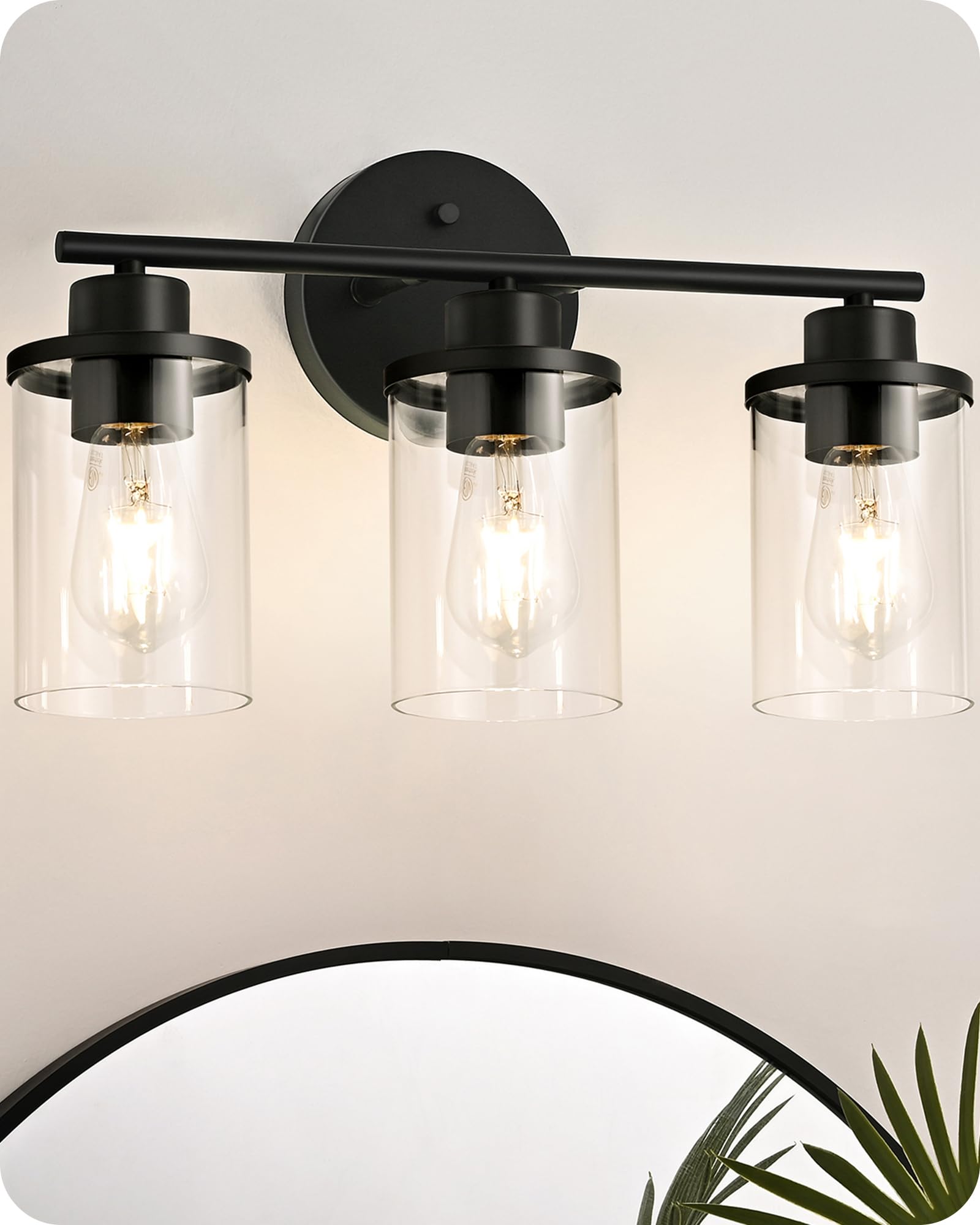 EDISHINE 3 Light Bathroom Vanity Light Fixtures, Matte Black Glass Shade, Model HHVL06C