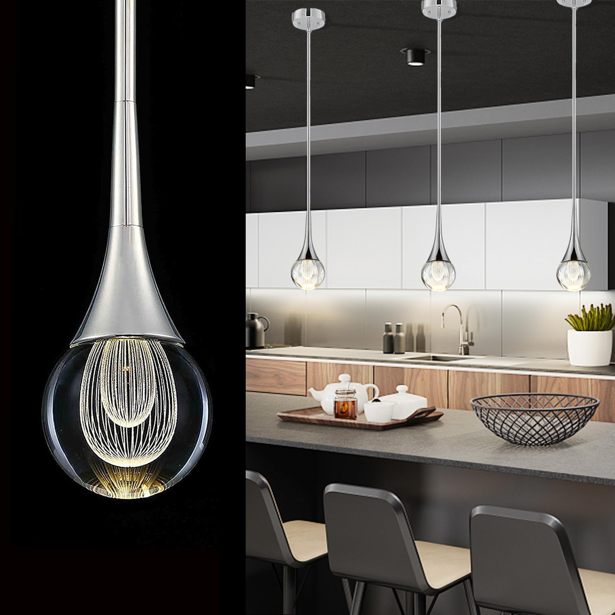EANLOLY 1-Pendant Lights Kitchen Island, Silver Globe Crystal Ceiling Hanging Light Fxitures, LED Raindrop Light Fixtures Metal 