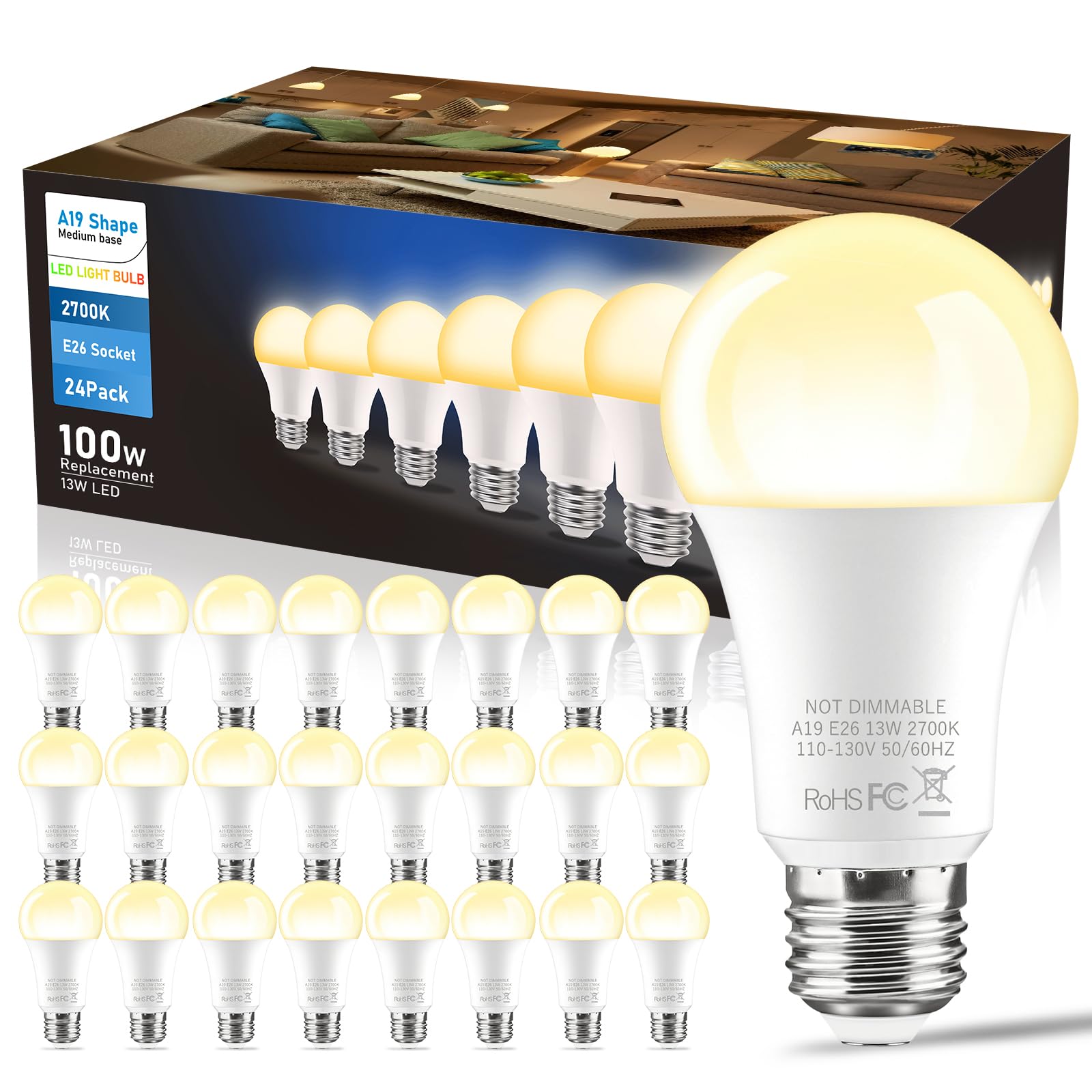 Btbhiho 24-Pack A19 Led Light Bulbs 100W Equivalent 1250 Lumens, 13W 2700K Cool White Non-Dimmable, No Flicker, Super Bright Cri