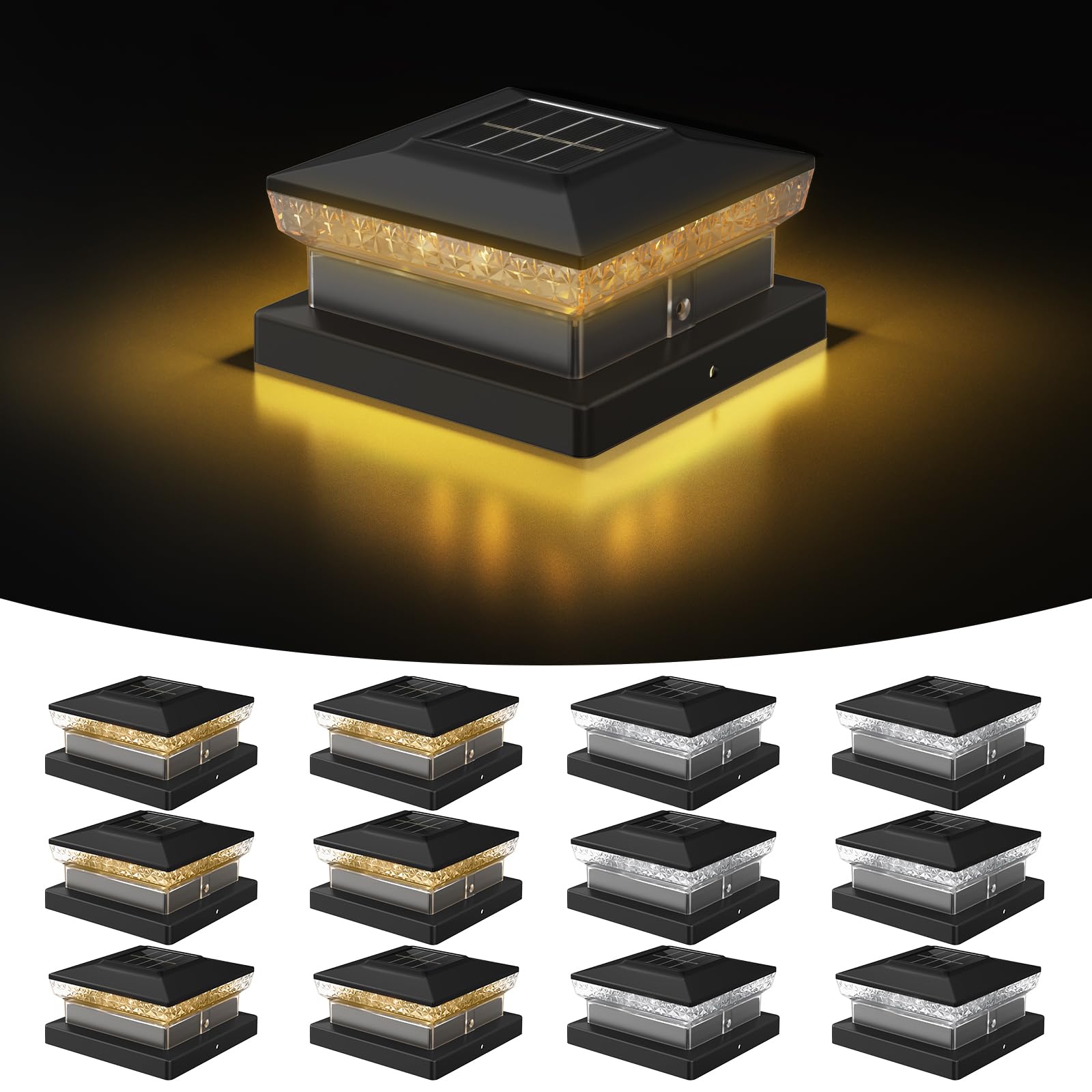 Flyingod Solar Post Cap Light 4x4/5x5 - 12 Pack, Dual Color, 800mAh, 12H Runtime, Auto Dusk-to-Dawn On/Off, Black