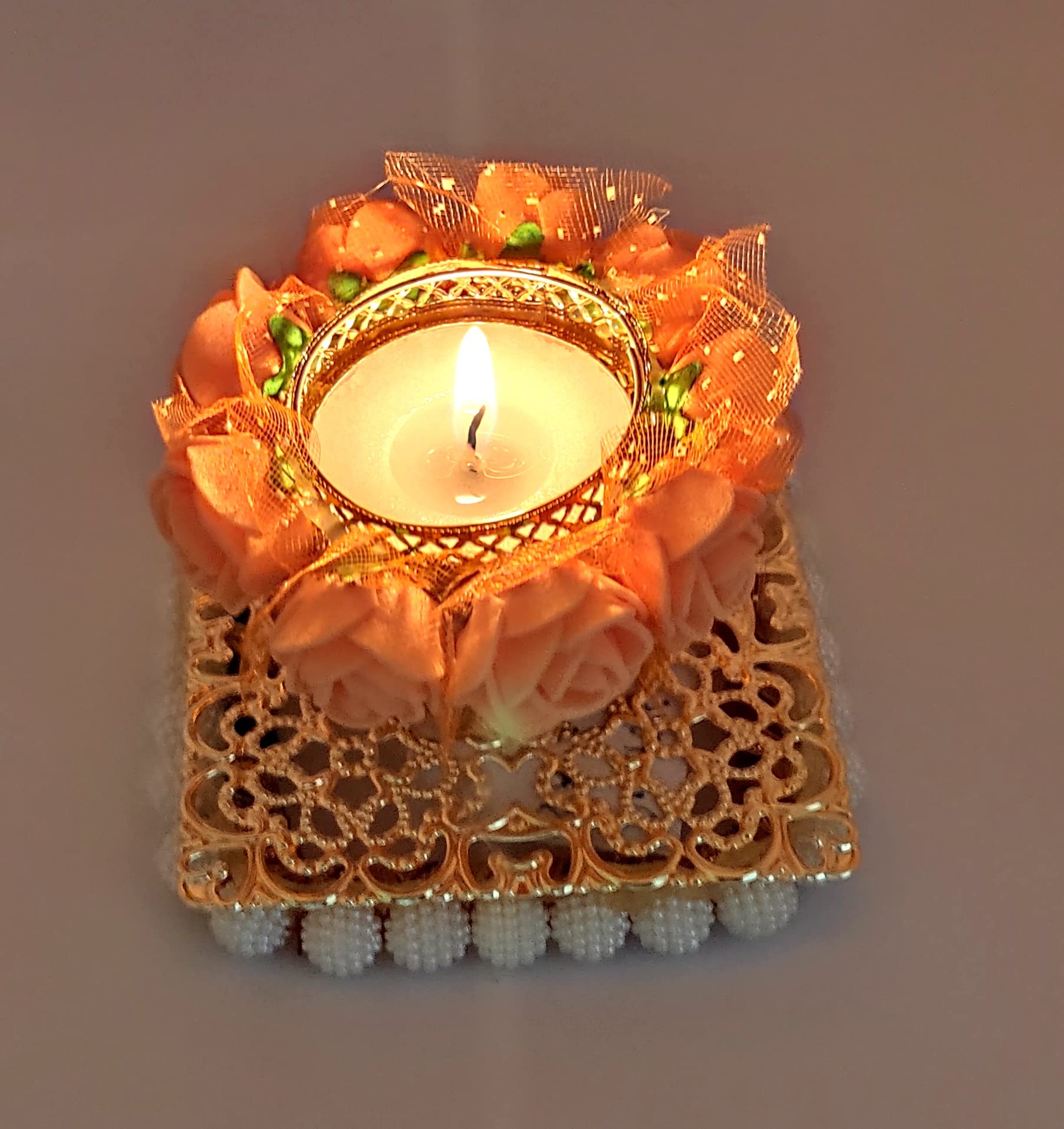 Vibhushita Metal and Plastic Designer Artificial Flower Decorative Handmade Traditional Diwali Oil Wax Lamp with T-Light Candle