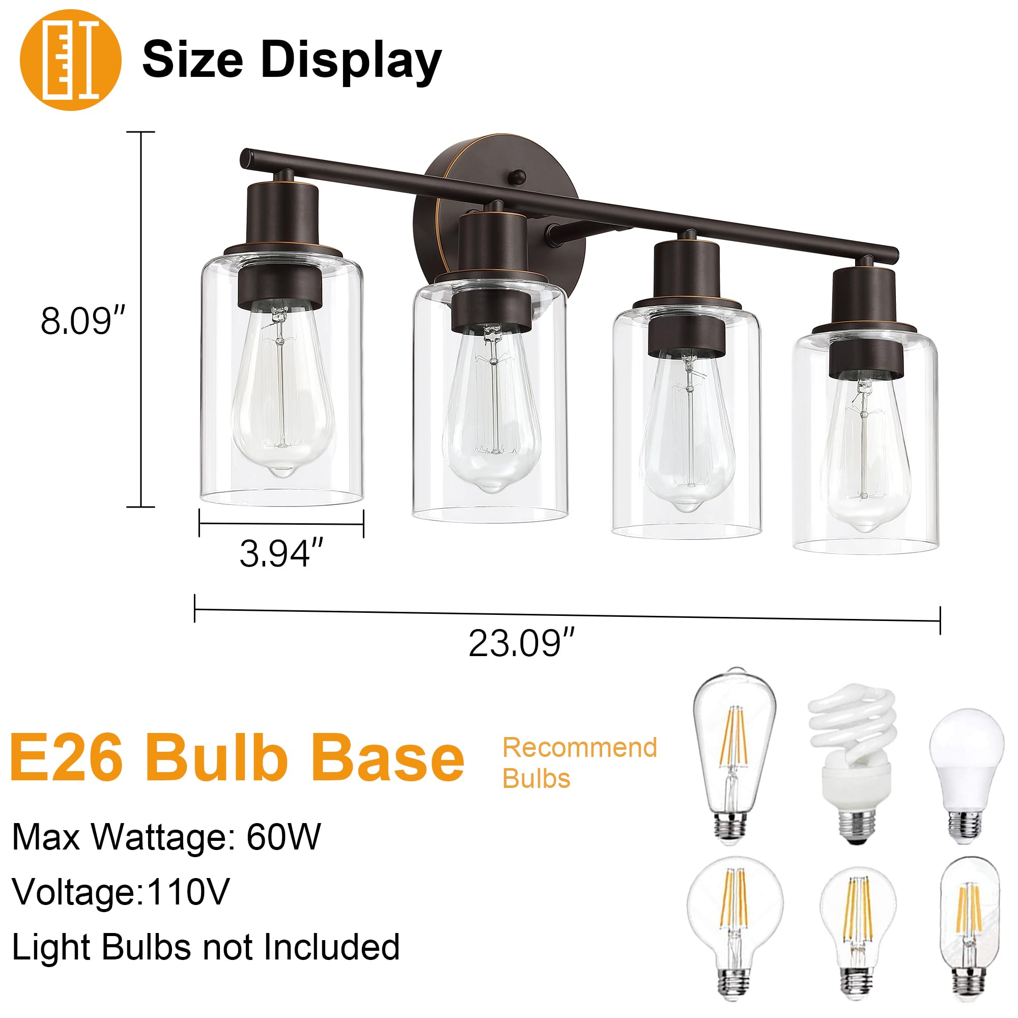 Pia Ricco Bathroom Vanity Light Fixtures, 4-Light Bathroom Wall Lights with Clear Glass Shades, Oil Rubbed Bronze Modern Wall Sc