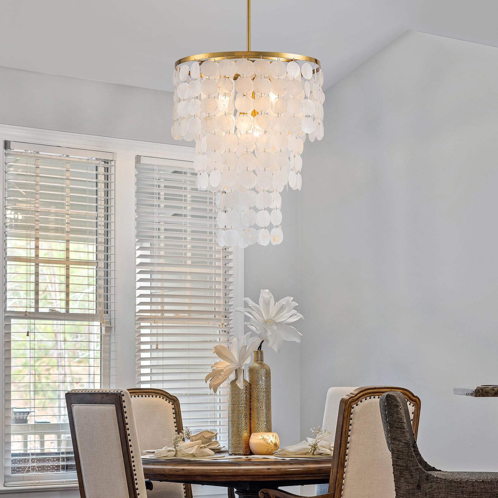 LumFurn 4-Lights Capiz Shell Chandelier, Adjustable Pendant Light Fixture, Gold Frame, D17.7 x H27.5~59", Modern Design for Dining Room & Living Room