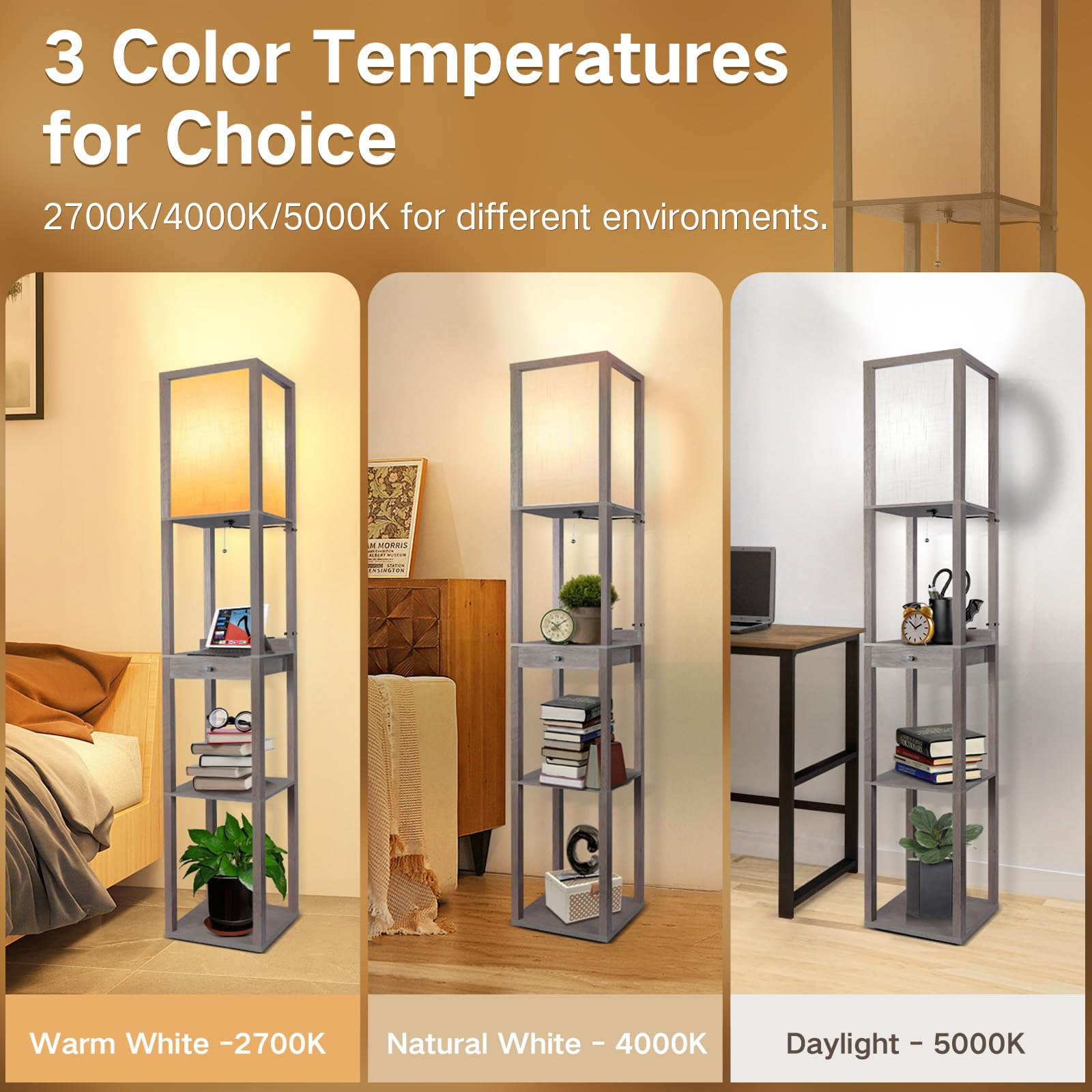 Outon Deluxe Shelf Floor Lamp With 1 Drawer, 2 Usb-C Ports, 2 Ac Outlets, Led Modern Floor Lamp With 3 Color Temperature, Storag