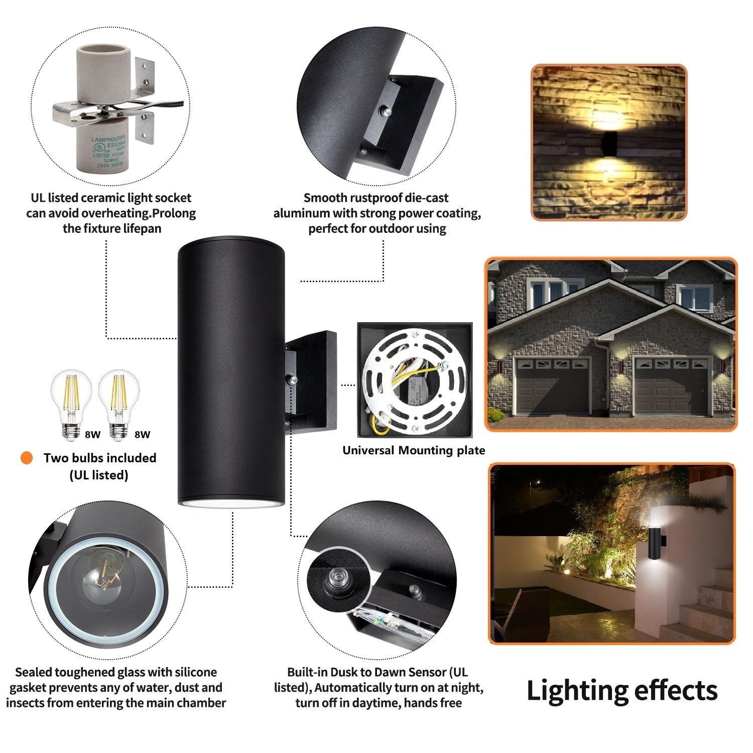 Zuukole Outdoor Wall Light, Exterior Lighting With Dusk To Dawn Sensor - 2 Light Bulbs Included, Aluminum Waterproof Wall Mount