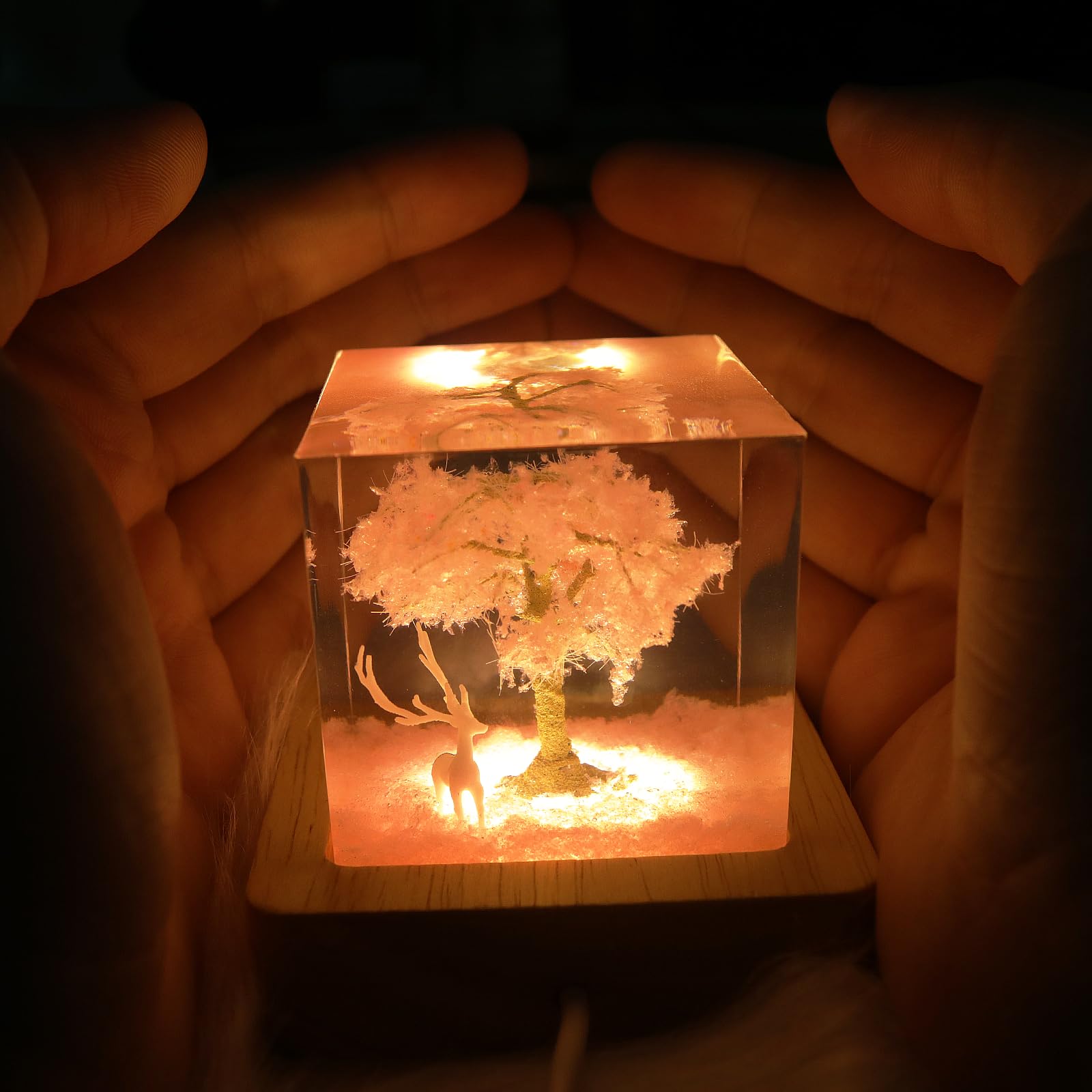 Eletriace Pink Cherry Blossom Tree White Moose Decorative Ornaments, Epoxy Resin Night Lights, Bedroom And Living Room Decoration,Suitable For Holidays