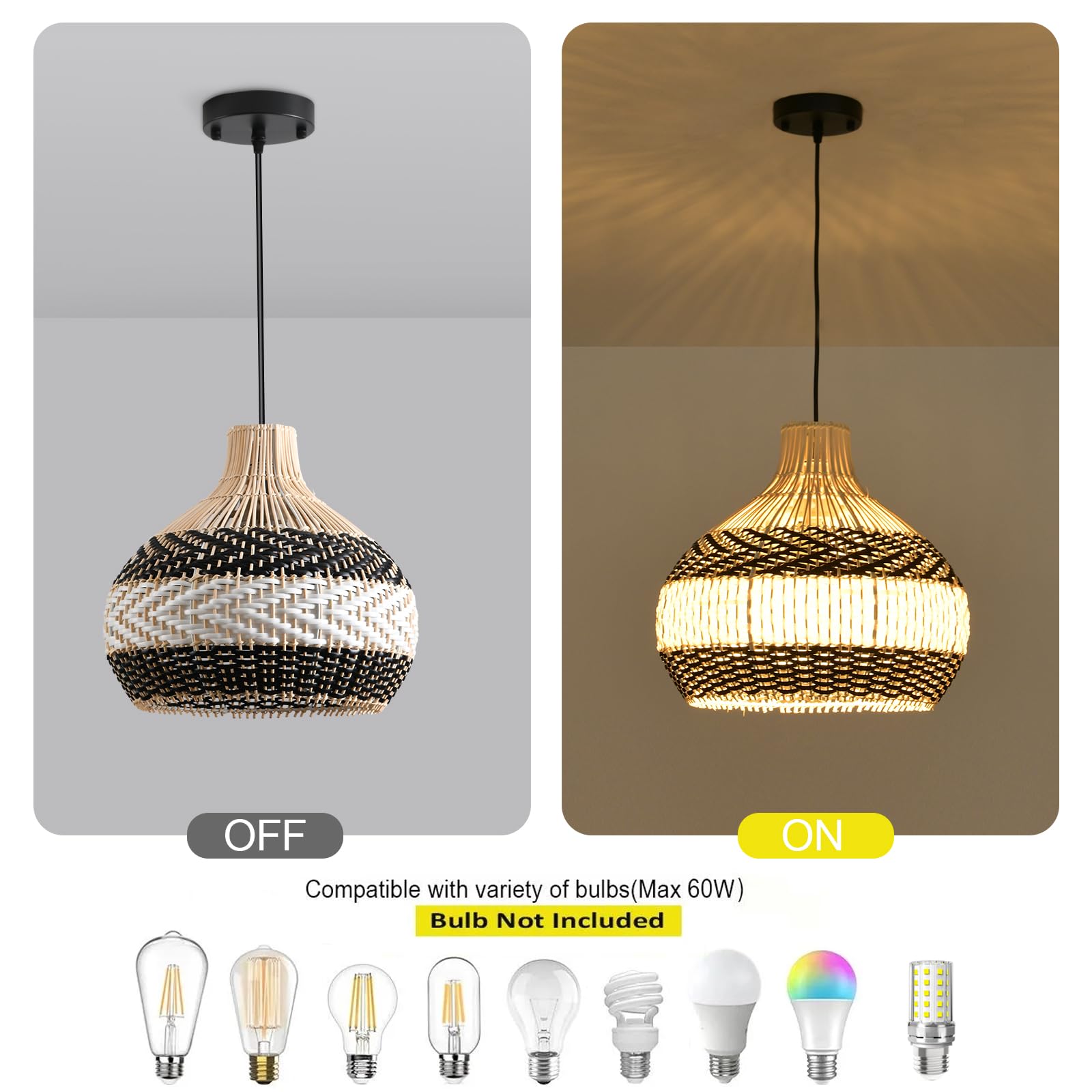 Teru Ji Kaikang 3-Lightrattan Pendant Light,15" Hand-Woven Black White Faux Rattan Hanging Light Boho Basket Wicker Chandelier,For Living Room Bedroom Kitchen Dining Hallway