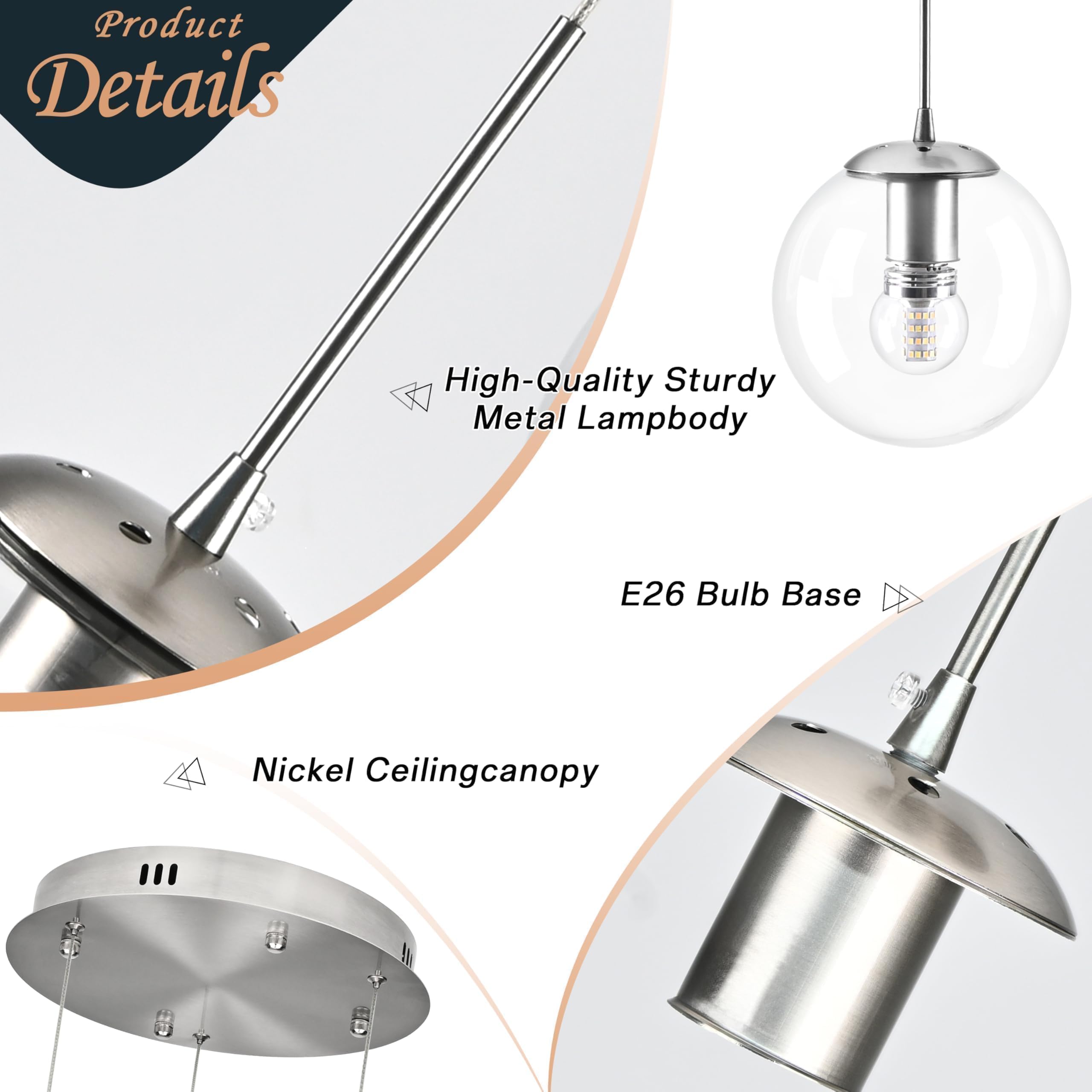 Koko&Yukina 3-Light Globe Glass Pendant Light Modern Nickel Clear Globe Glass Chandelier Adjustable Length Pendant Lights Fixtur