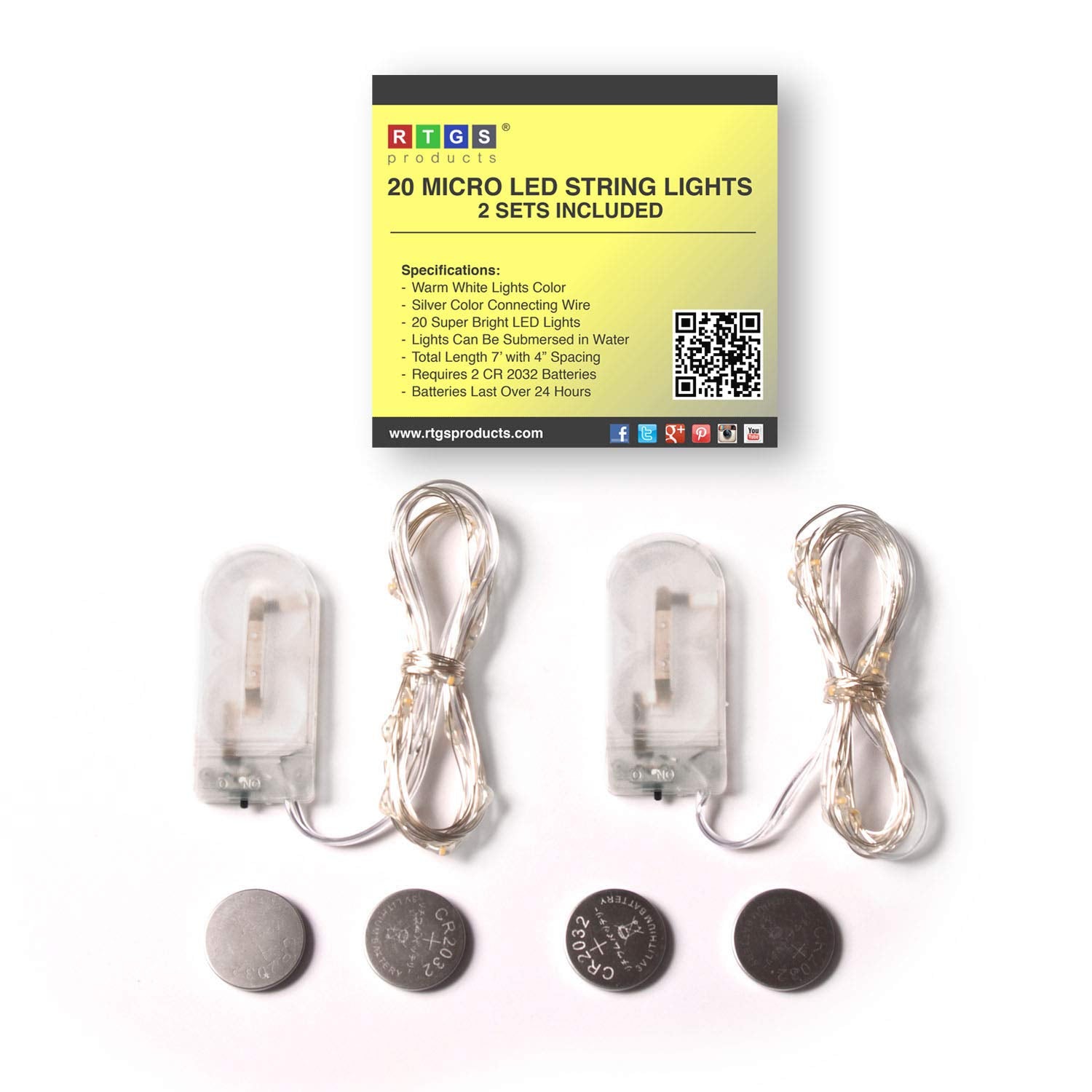 RTGS 2 Sets 20 LEDs Warm White String Lights, 6.5 ft Silver Wire, Battery Powered for Indoor/Outdoor Use