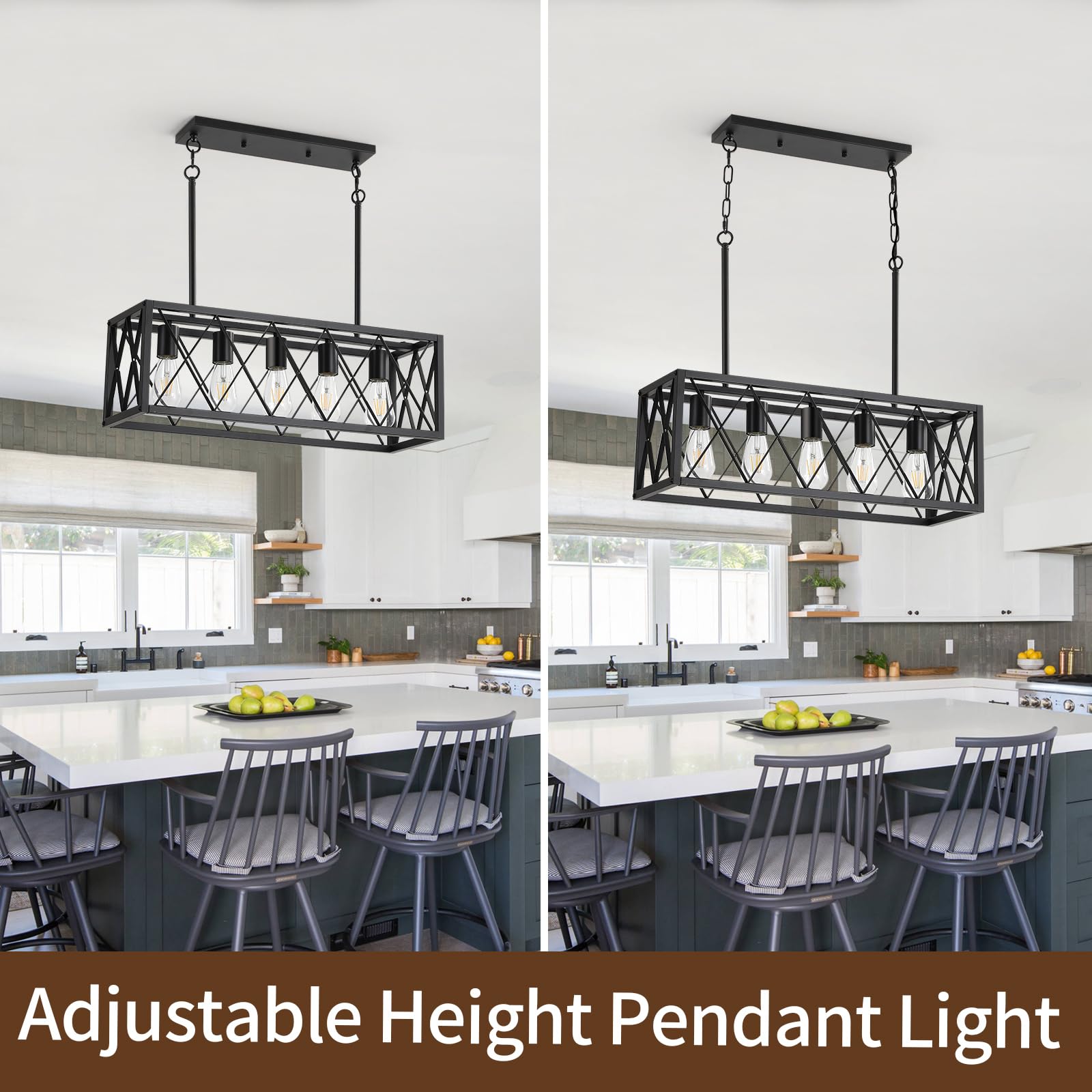 Keesfu Black Farmhouse Kitchen Island Lighting, 5 Lights Pendant Lighting Fixtures, Adjustable Height, Industrial Dining Room Light For Living Room Foyer Dining Table Over Sink.