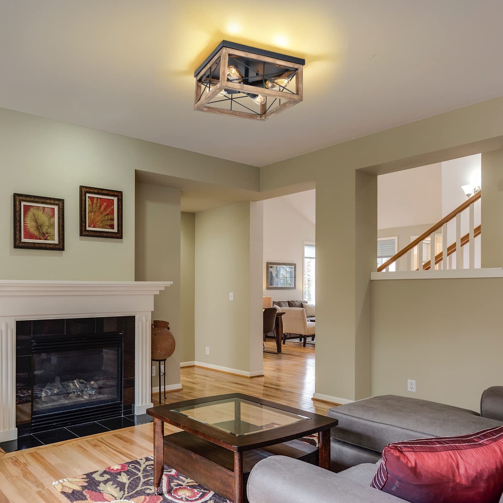 eyassi 4-Light Wooden Flush Mount Ceiling Light - Black Farmhouse Fixture for Kitchen, Living Room, Bedroom, Hallway