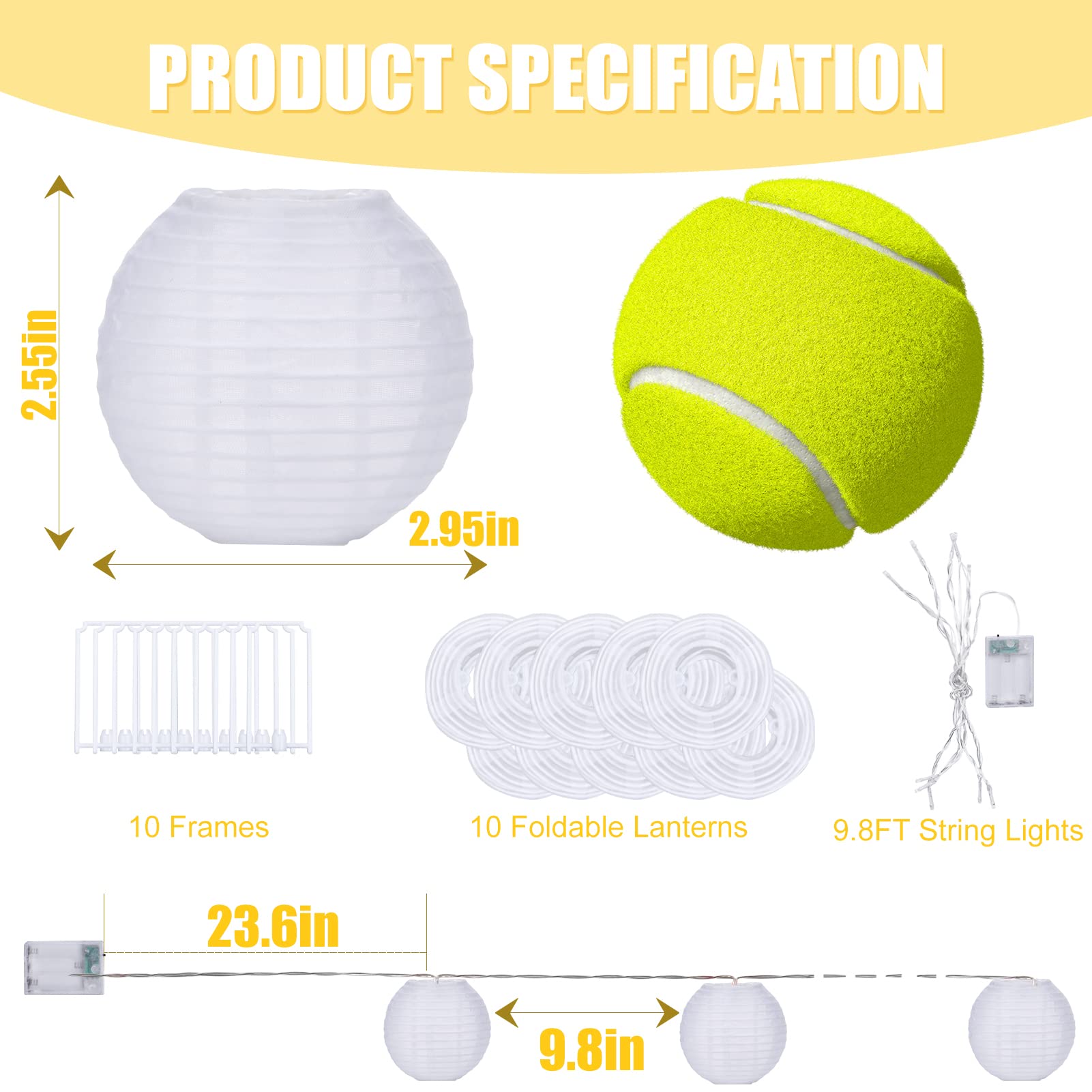 Lantern String Lights White Lantern Lights 9.4Ft Nylon Lanterns With Lights Battery Operated 10 Count String Lights Indoor Outdoor Hanging Lights For Bedroom, Nursery, Patio, Party, Wedding