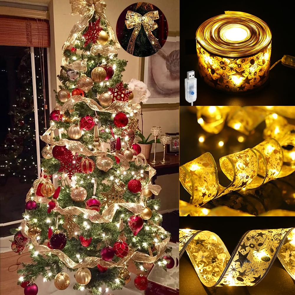 GIHOO Christmas Tree Decorations String Lights 32ft 100 LED Lights Copper Wire Ribbon Bows Lights for Party Weddings Holiday Christmas Tree Decorations (Width 6.3cm Gold Warm Light)
