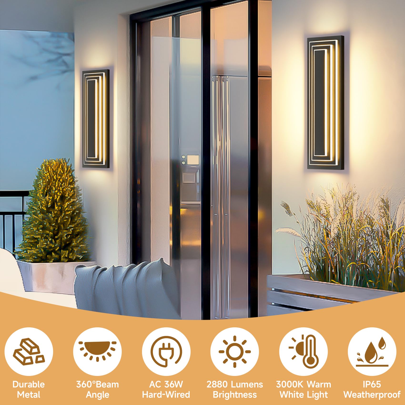 Zsmaiku 23.6 In Long Outdoor Wall Lights 3-Tier Large Exterior Lighting Fixtures Led Front Porch Lights Waterproof Outdoor Garage Lights 36W Warm White 3000K Modern Acrylic Wall Sconce 2 Pack