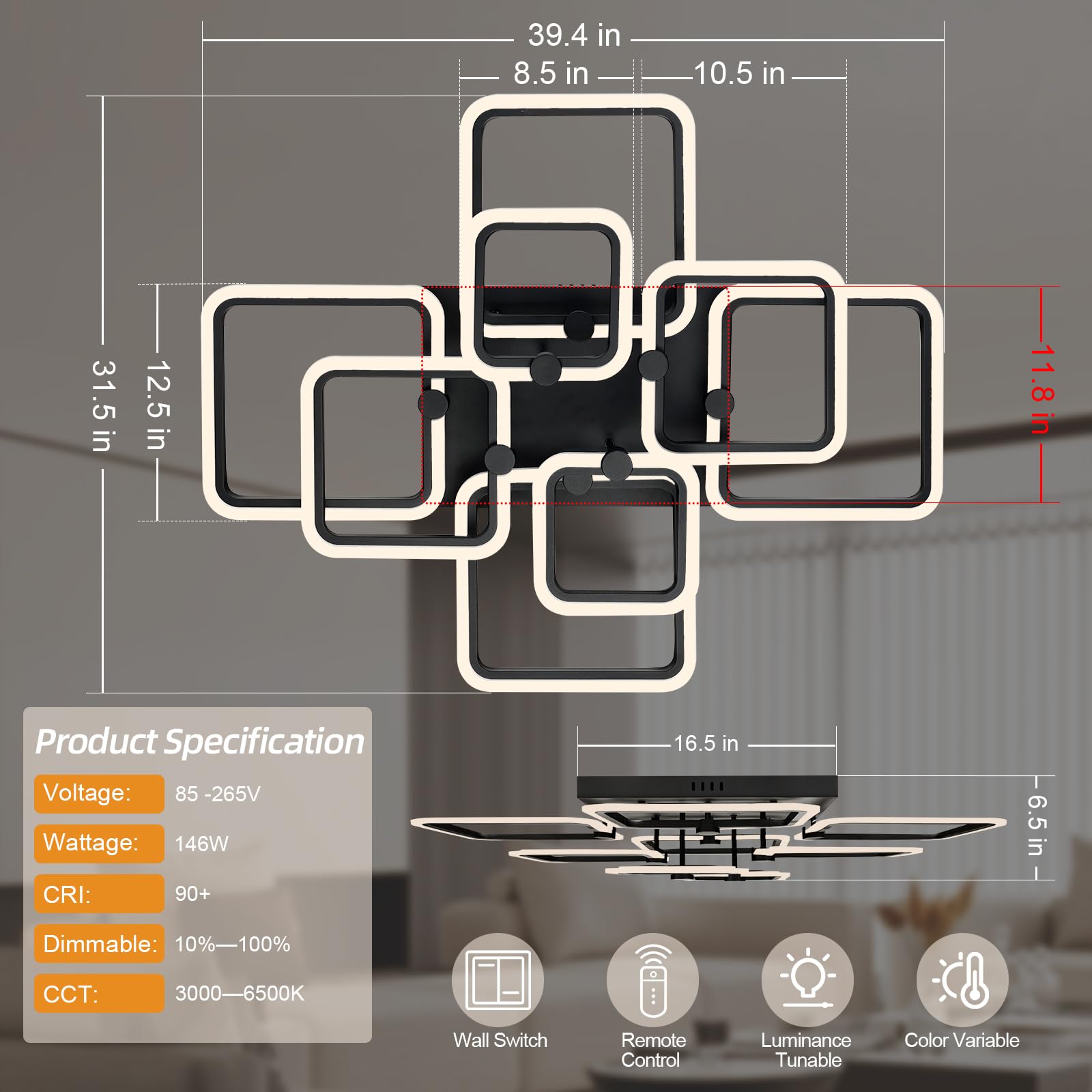 Seable Dimmable Modern Led Ceiling Light 8-Square Black Flush Mount Led Ceiling Light With Remote For Living Room Bedroom Close