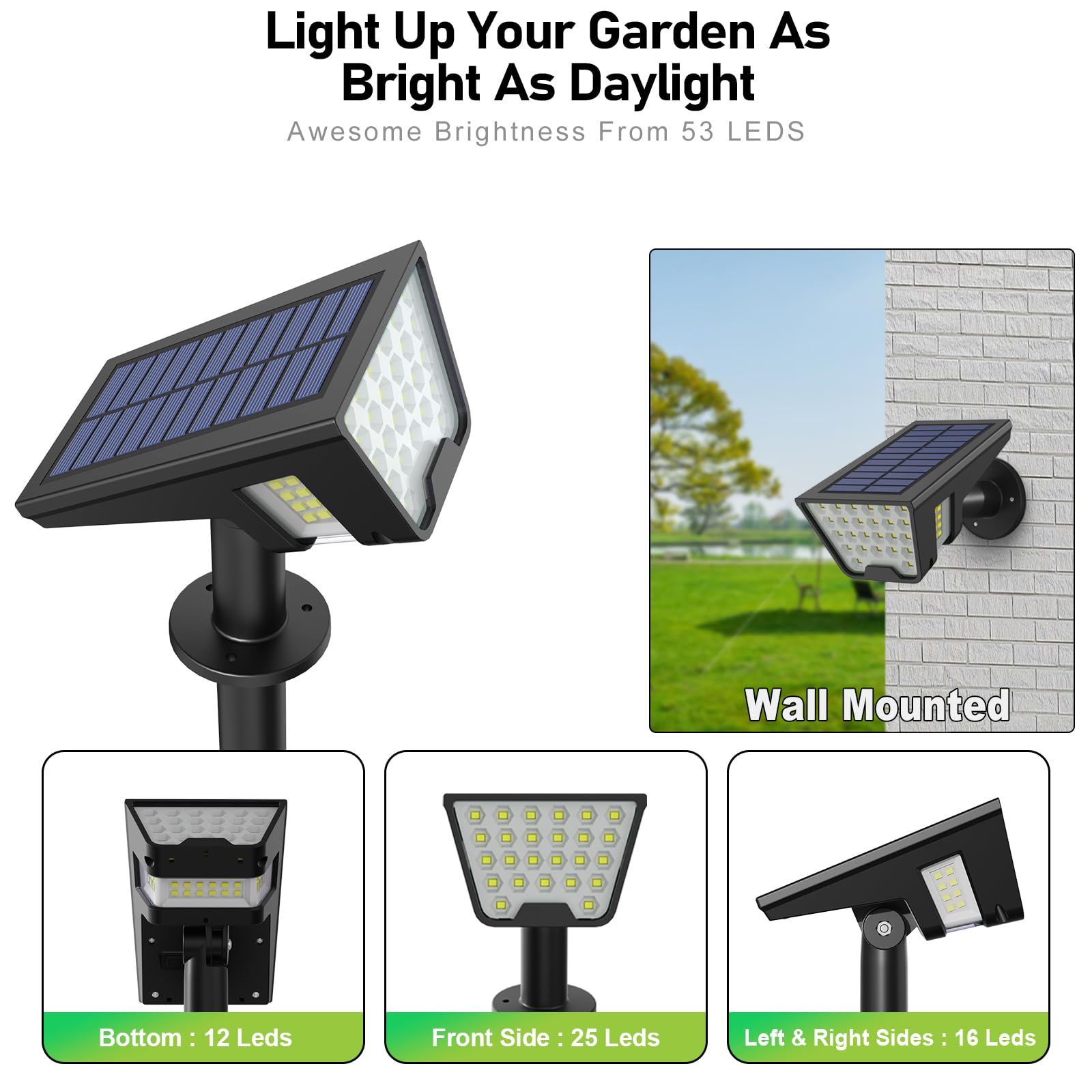Solar Spot Lights Outdoor Ip65 Waterproof, 53 Leds Solar Powered Garden Yard Lights Outdoor 3 Modes Landscape Spotlight Wall Light With Auto On/Off For Driveway Porch 2 Pack (Cool White)