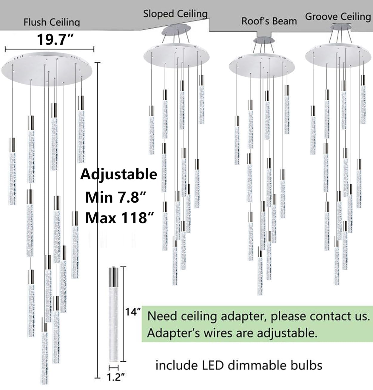Haixiang 118 Inch Long Light Glam Chandelier Bubble Crystal Linear Ceiling Pendants Remote Dimmable Led Light High Ceiling Light Fixtures Adjustable Long Lights 12-Lights Silver Lamp