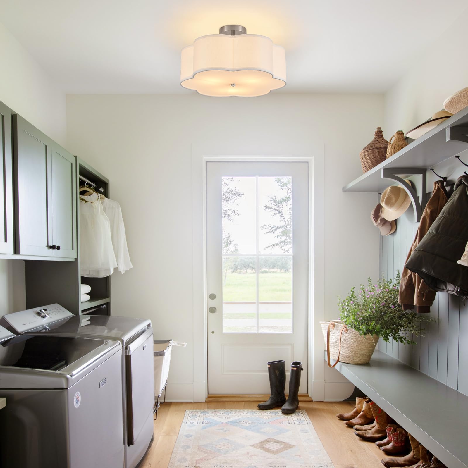 Widluth 18 Modern Semi Flush Mount Ceiling Light Modern 3-Lights Linen Drum Ceiling Lighting With Chrome Finish  Vintage Ceiling Light For Living Room  Kitchen  Basement  Laundry Room  Bedroom