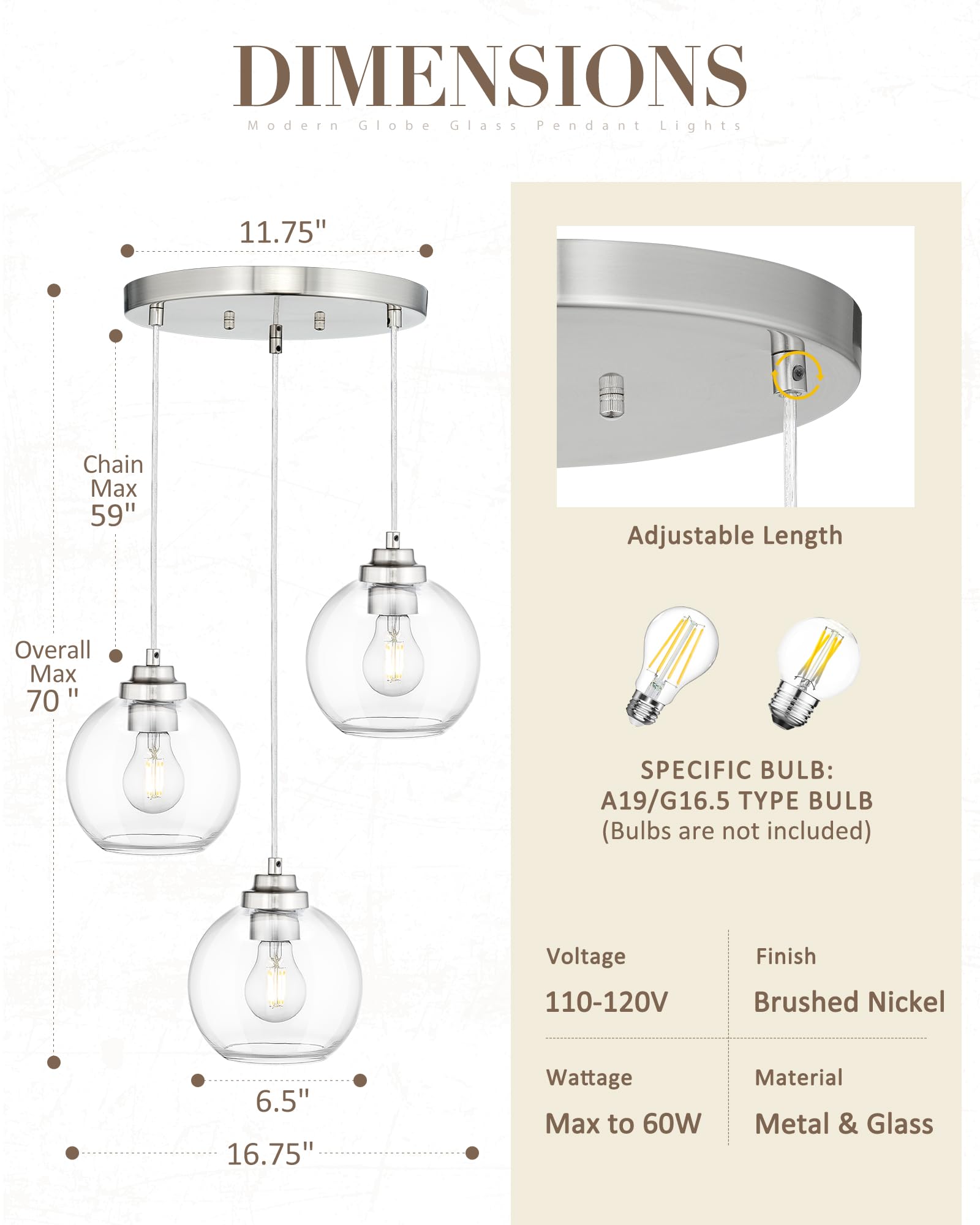 Jazava 3-Light Black Pendant Light Fixture, Globe Cluster Hanging Light, Kitchen Island Lighting With Clear Glass For Dining Roo