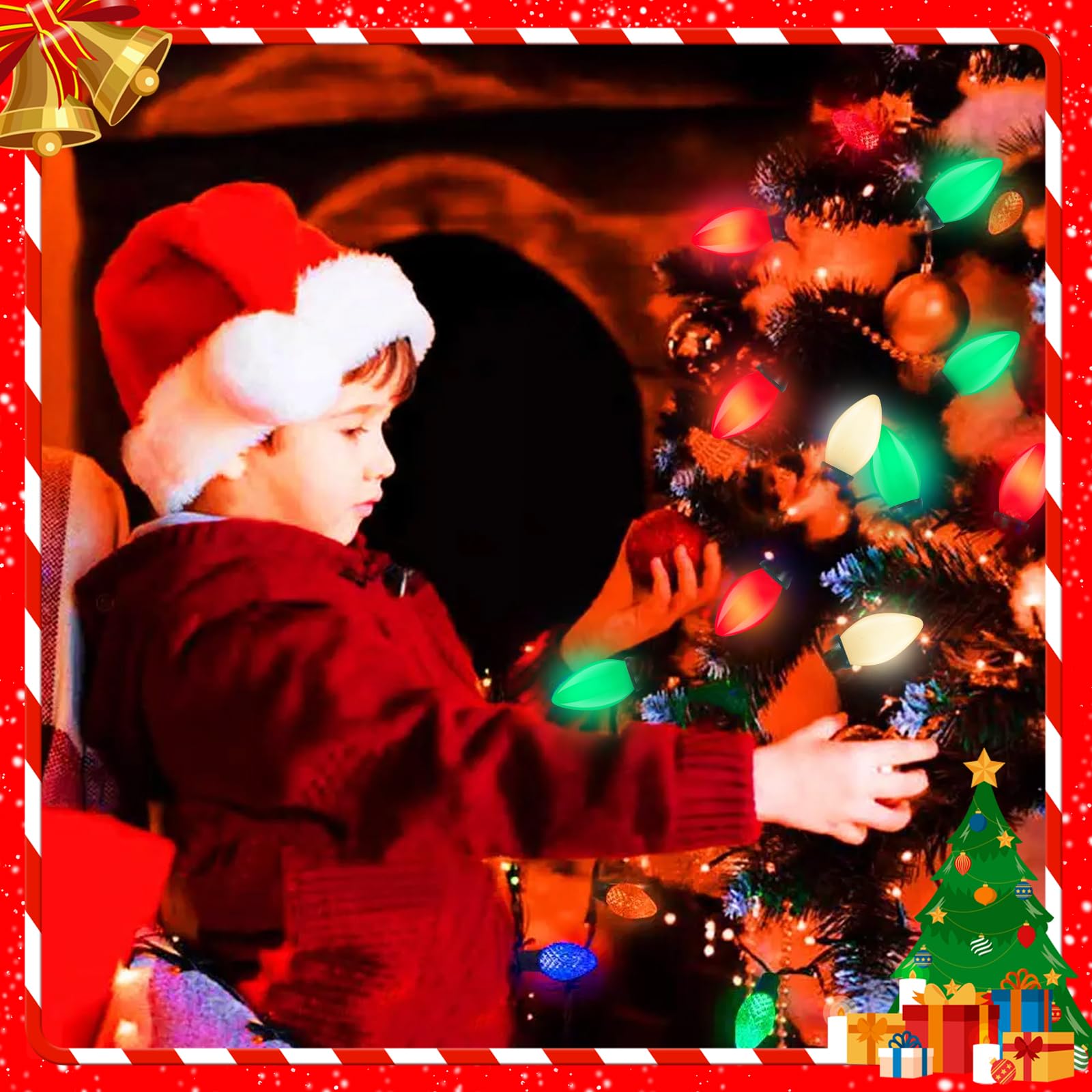 C7 Red White And Green Christmas Lights, 25Ft Vintage Christmas Lights With 27 Ceramic Bulbs, Connectable Xmas Tree Lights Water