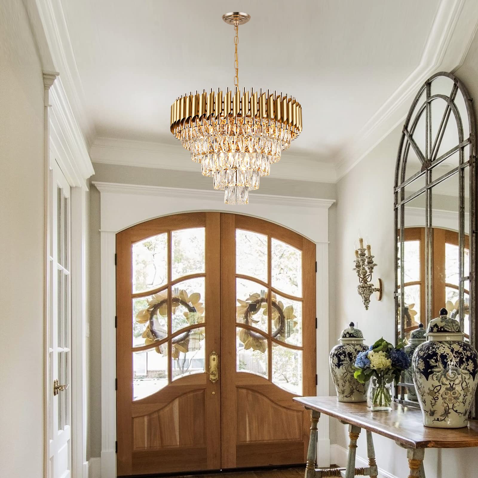 AXILIXI Modern Crystal Chandelier, 24" Gold Raindrop Flush Mount, 5 Tiers K9 Ceiling Light for Dining Room, Foyer, Living Room, Model DH8801