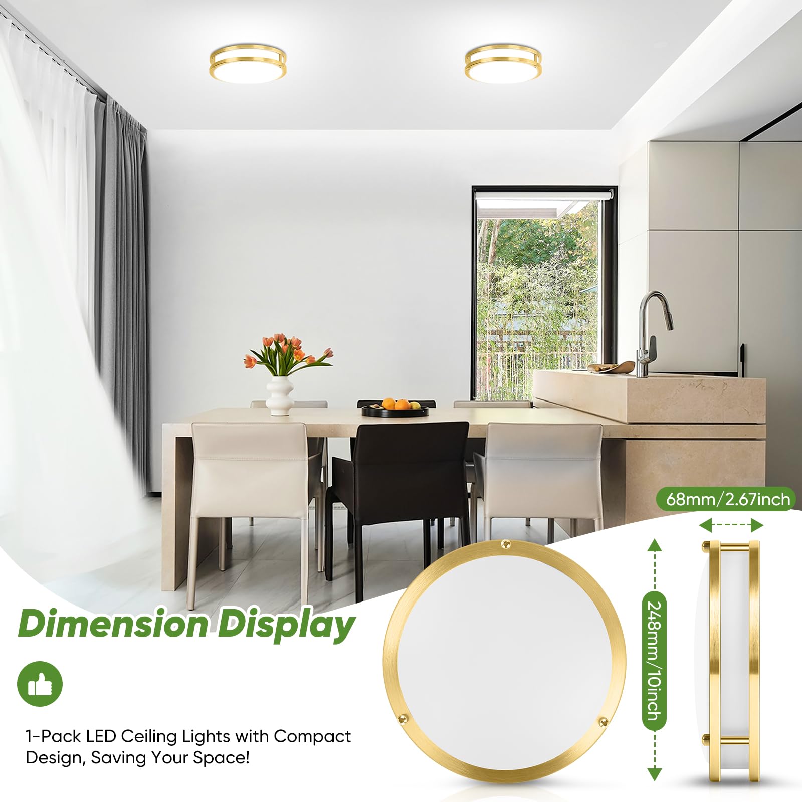 TOBUSA 10 Inch LED Flush Mount Ceiling Light, Dimmable, Brushed Gold, 5 Color Options, Model 63025009-03