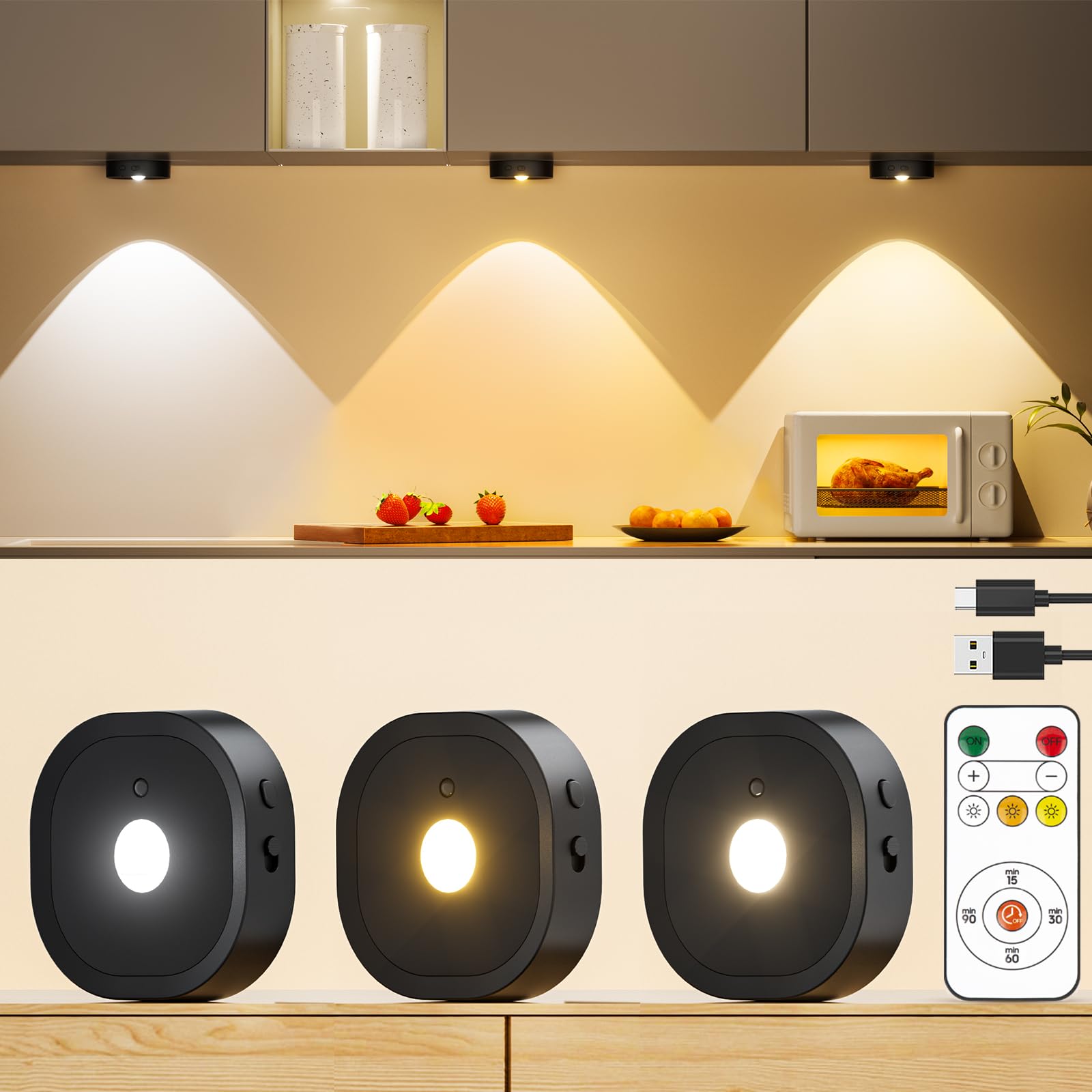 HOMEBEST Puck Lights with Remote, Rechargeable, 3 Color Temps, 1500mAh, Black-3 PCS, Model HL04-BL3P