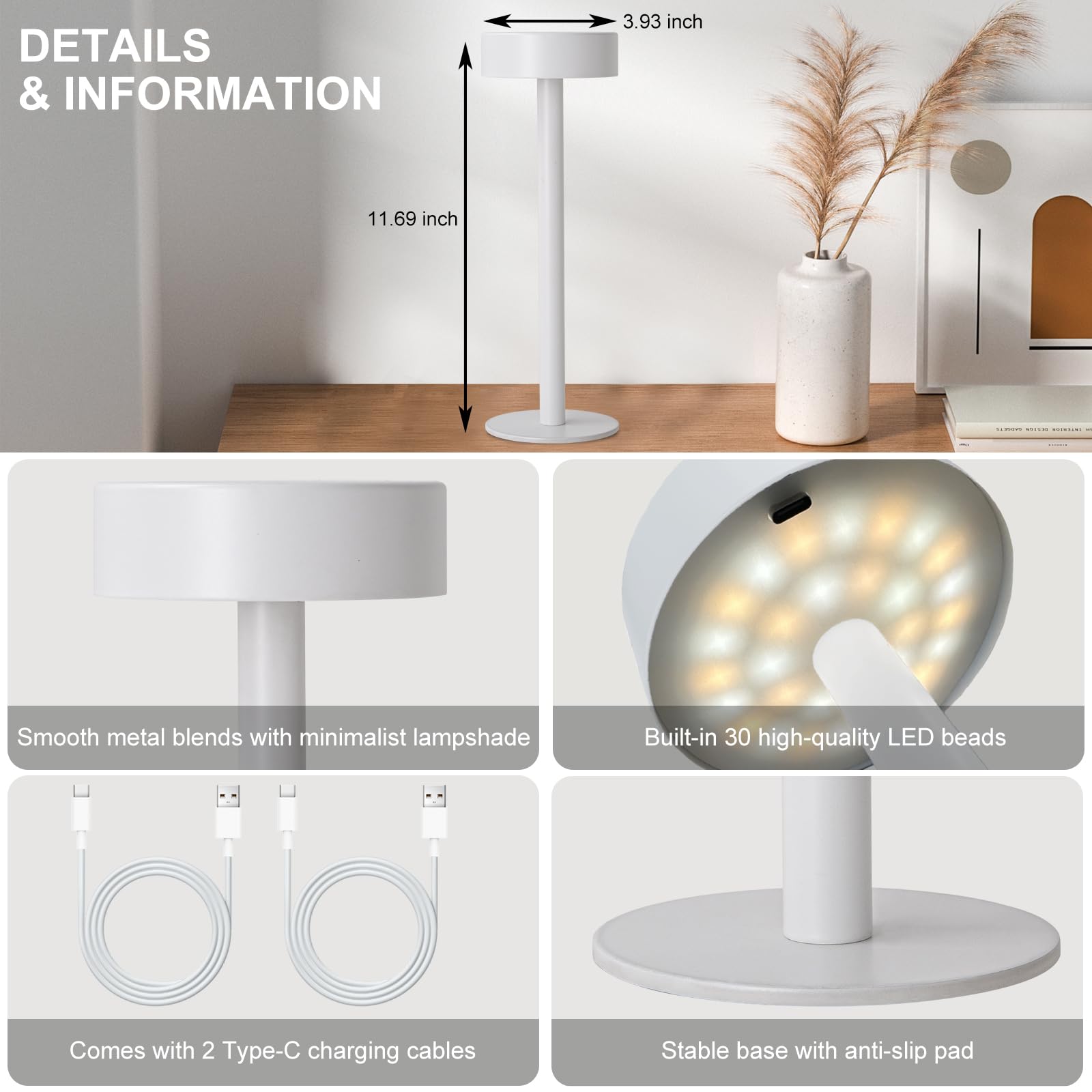 Briever Cordless Table Lamps, Rechargeable LED, 3 Colors Stepless Dimming, Model L6233-B, White