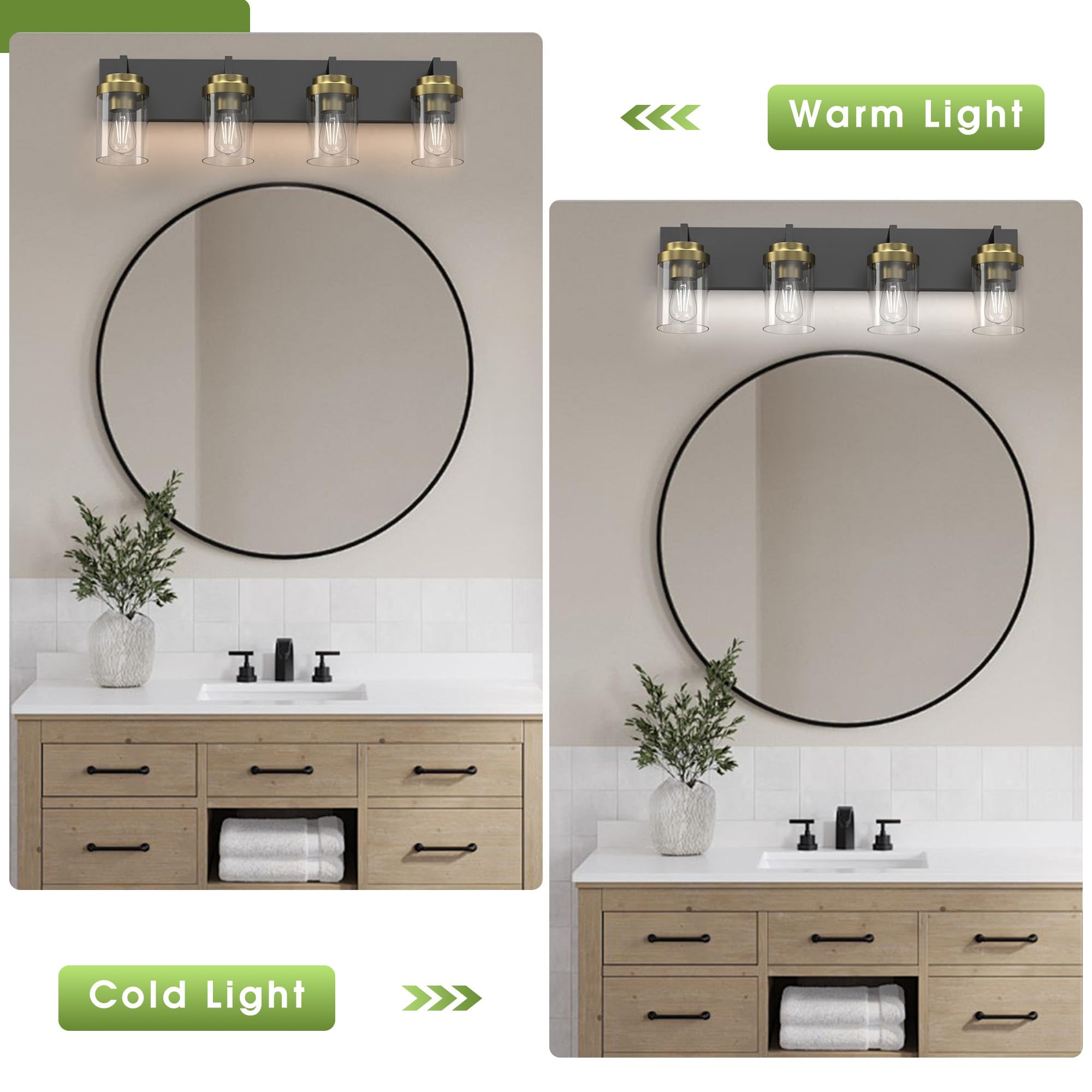 Espird Bathroom Lighting Fixtures, 4-Light Bathroom Vanity Lights Over Mirror, Black And Gold Vanity Light With Glass Shade, Mod