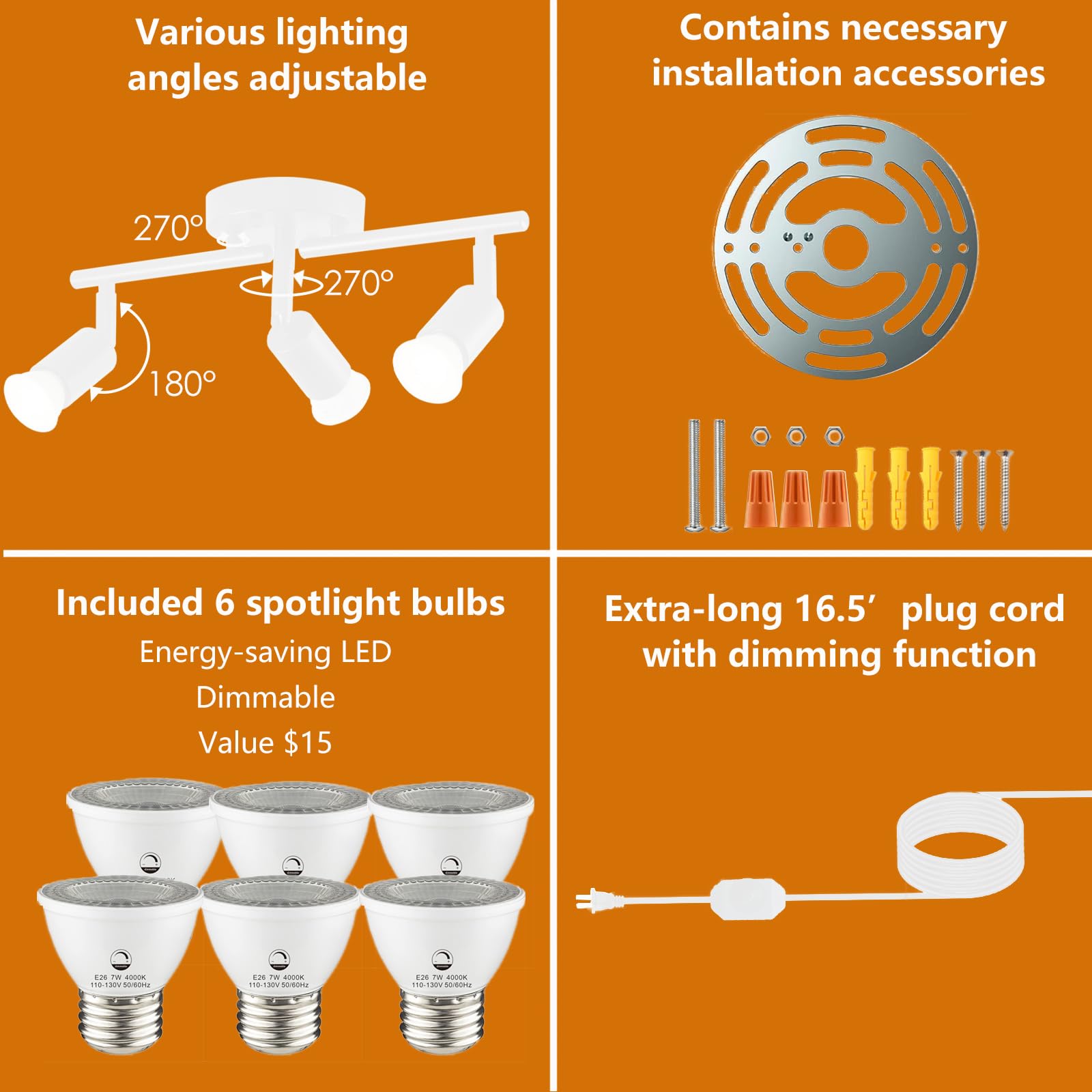 Vivihobb Dimmable Plug In Track Light White 6 Light Plug In Ceiling Lighting Fixture With 16.4 Long Cord 6 Way Ceiling Spotlight Rotatable Wall Mount Light Head Led Dimmable Spot Bulbs Included