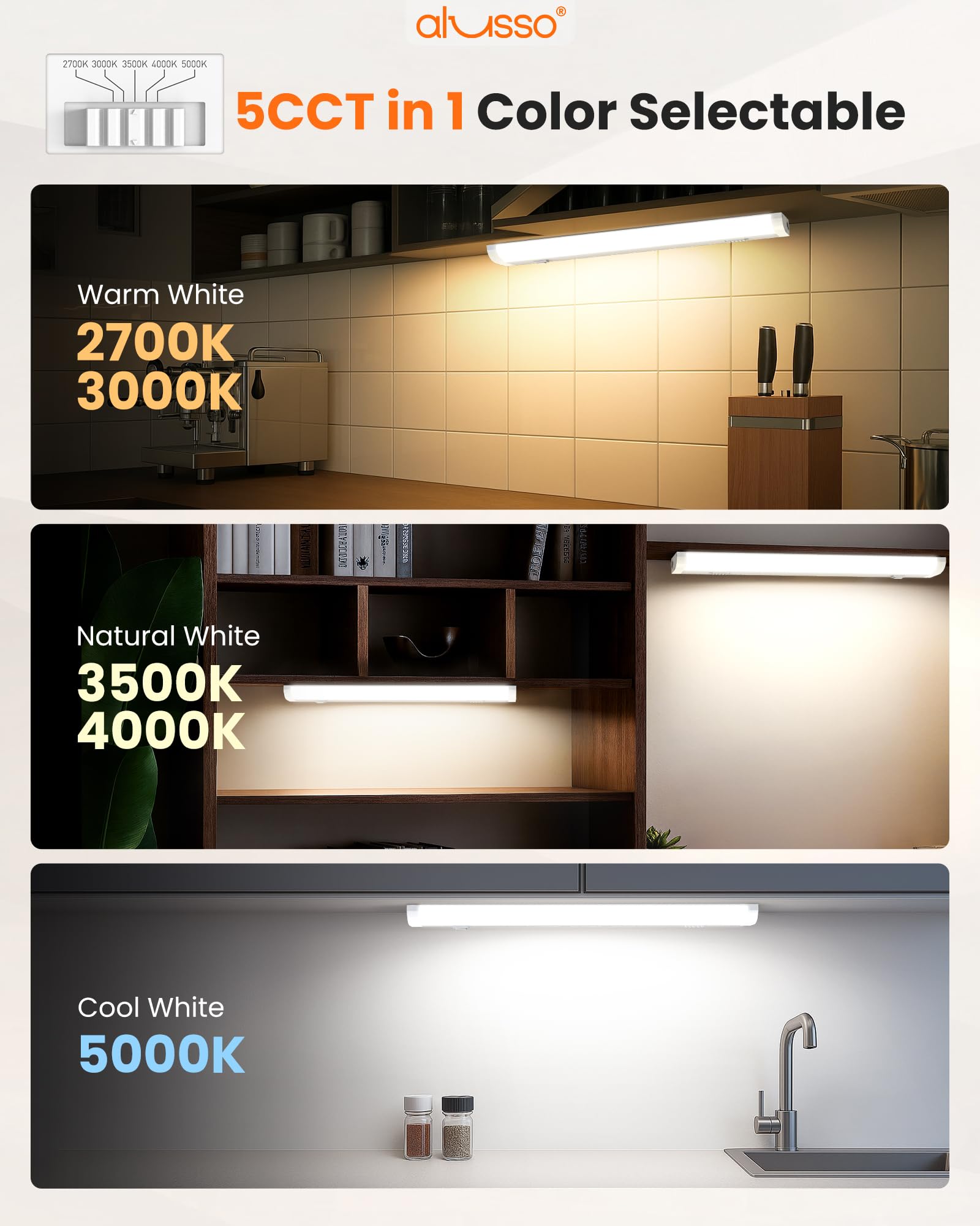 Alusso Lighting?18 Inch Led Under Cabinet Lighting Hardwired & Plug In  5Cct Color Selectable 2700K-5000K Dimmable 10W 850Lm High Brightness  Linkable Strip Under Counter Lights For Kitchen  1 Pack