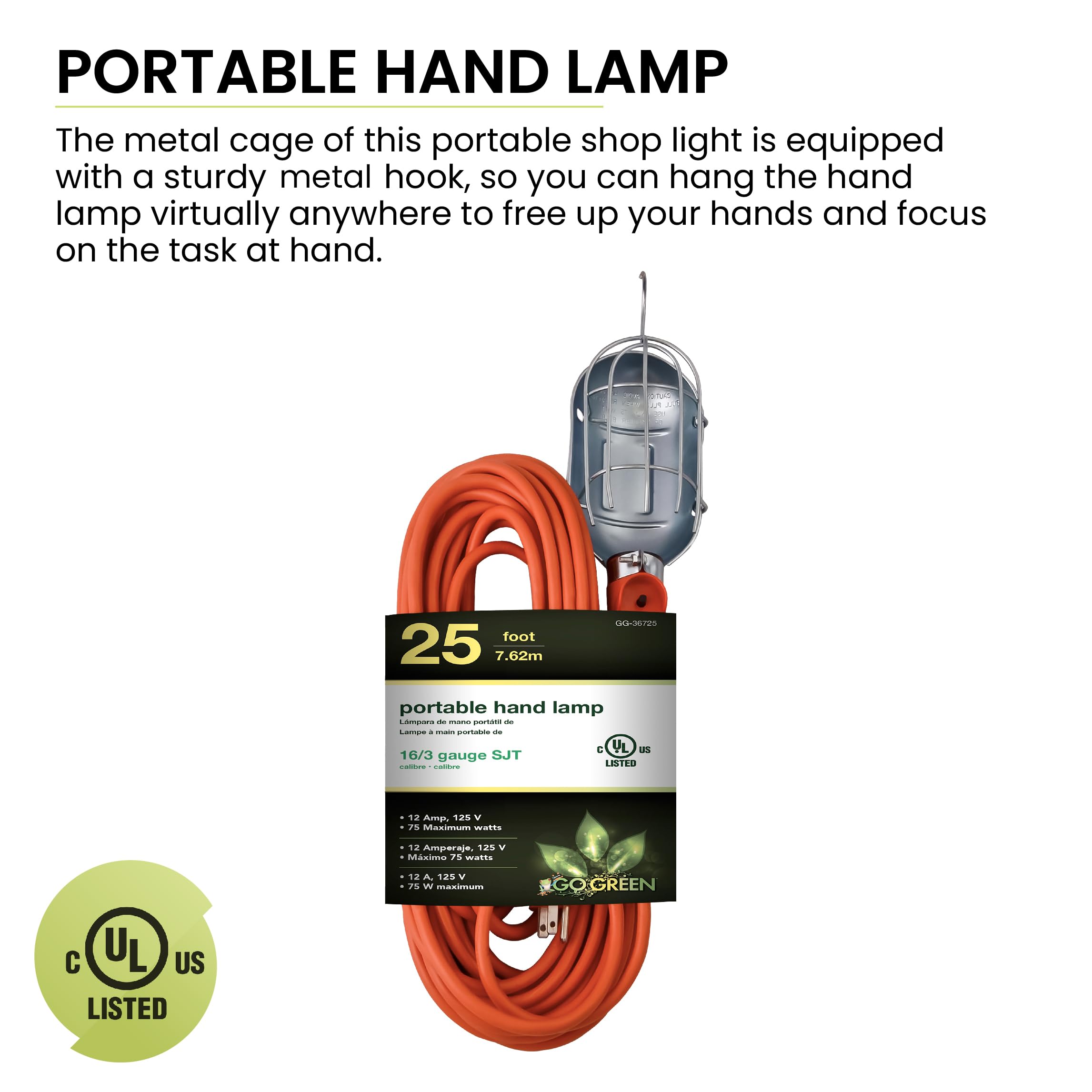 Go Green Power Inc. 25Ft Portable Hand Lamp With 16/3 Kink-Free Cord (Bulb Not Included) - Durable Construction, Swivel Hook, An