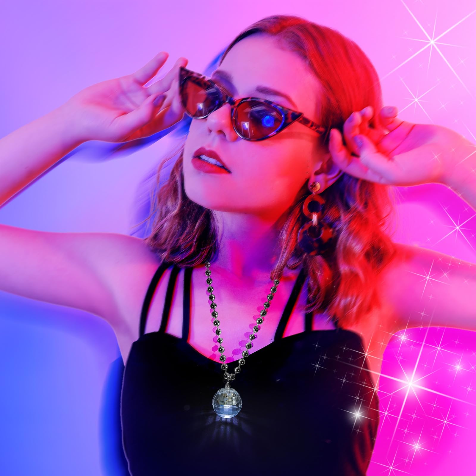 Henoyso LED Disco Ball Necklaces - 6 Pcs Light Up Party Accessories for Women - Silver, White Light - Perfect for 70s Costume Parties