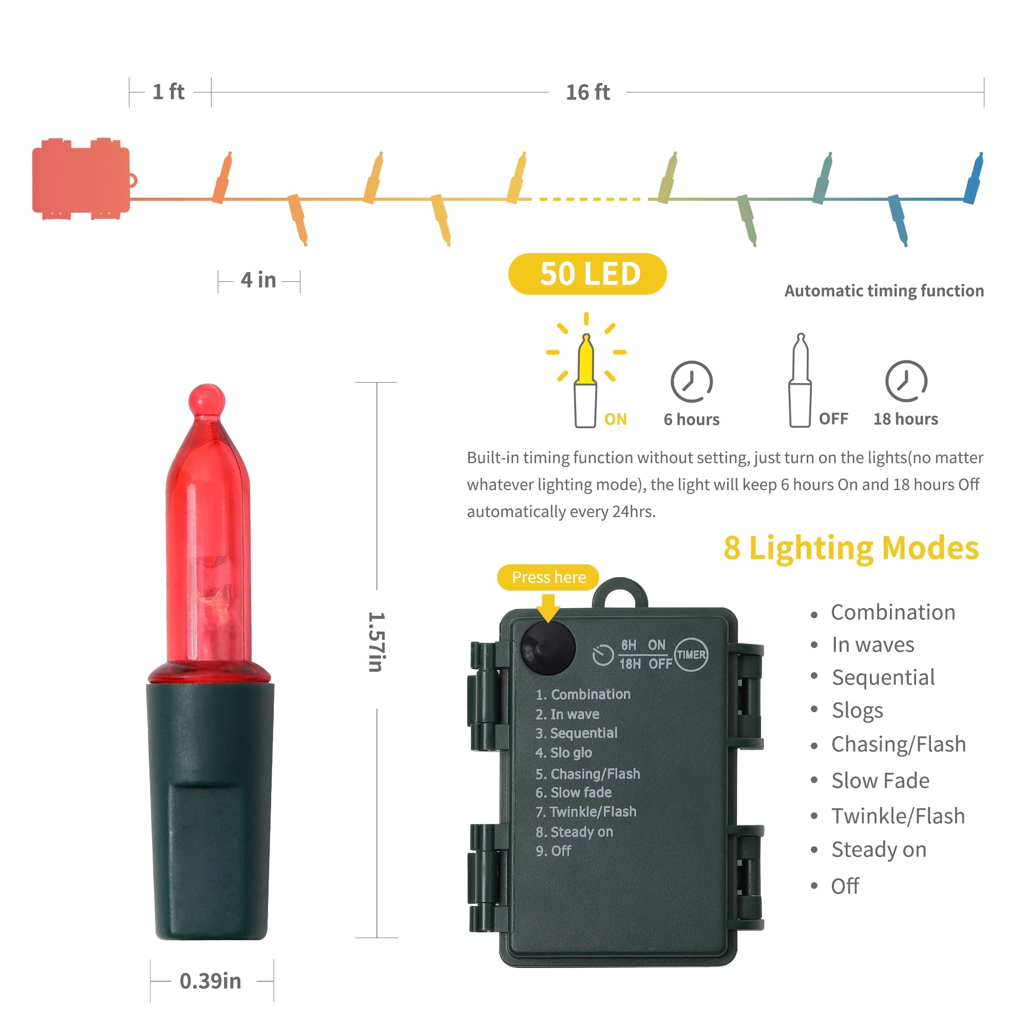 Waterglide 50 Led Outdoor Christmas Lights, 16 Ft Battery Operated Mini String Lights With 8 Modes & Timer, Xmas Tree Lights Wat