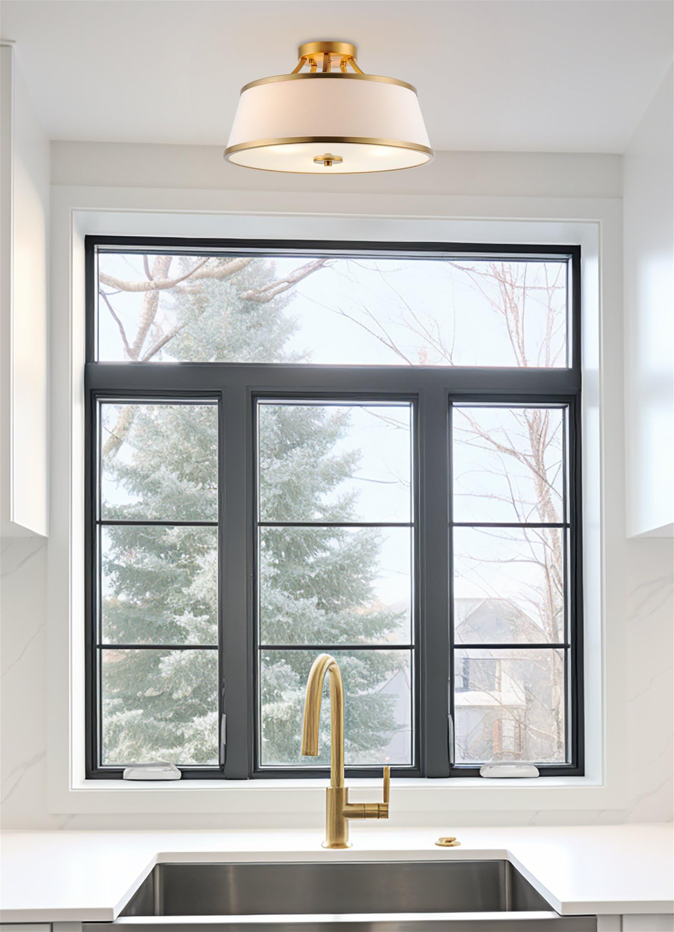 Kira Home Zoey 18 Modern Semi-Flush Mount Ceiling Light, Warm Brass, White Fabric Shade, Model Rv-Csf075-Wb