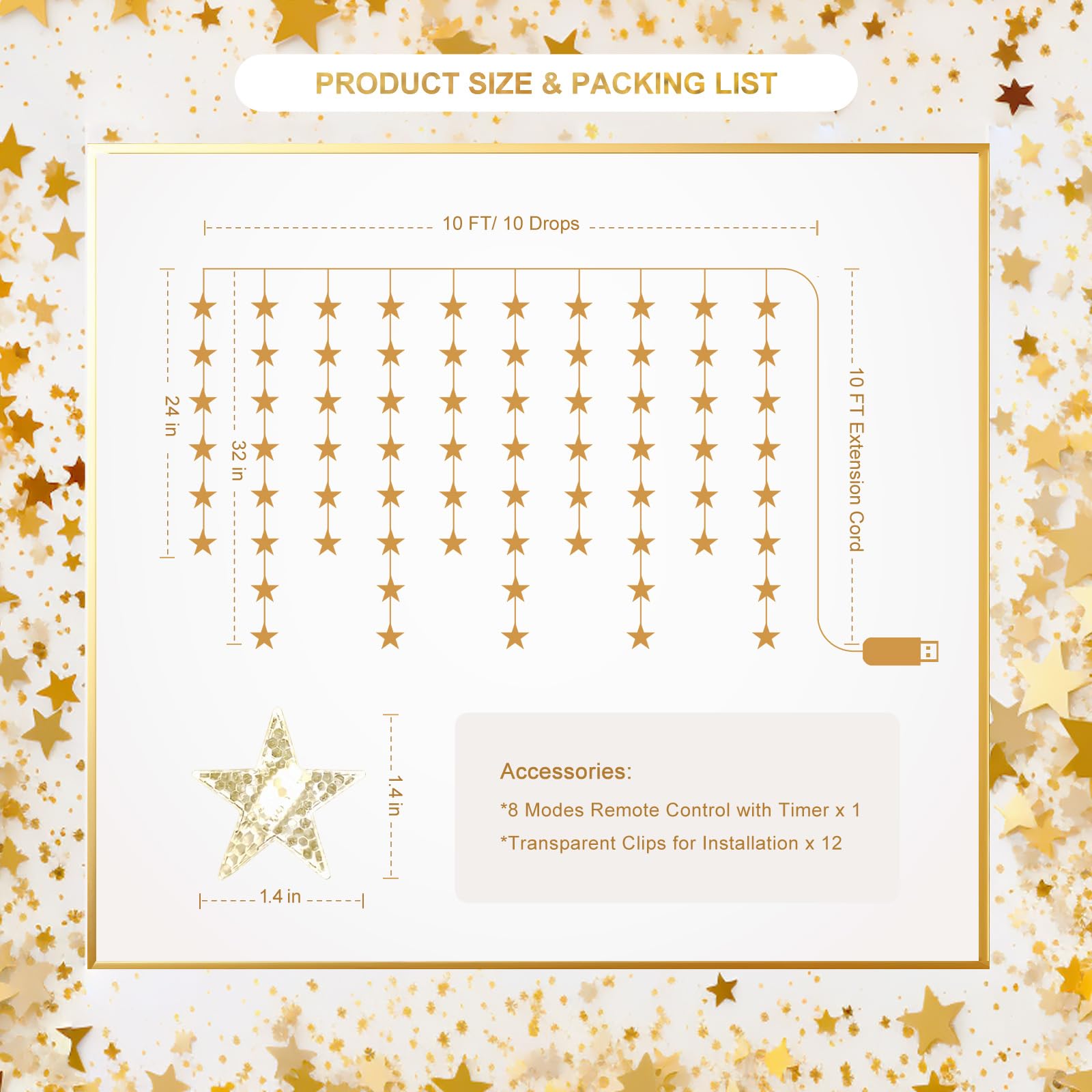 Patioman Star Curtain Lights, Warm White LED Twinkle String Lights, 70 Stars, Remote Control, Model PMFL02