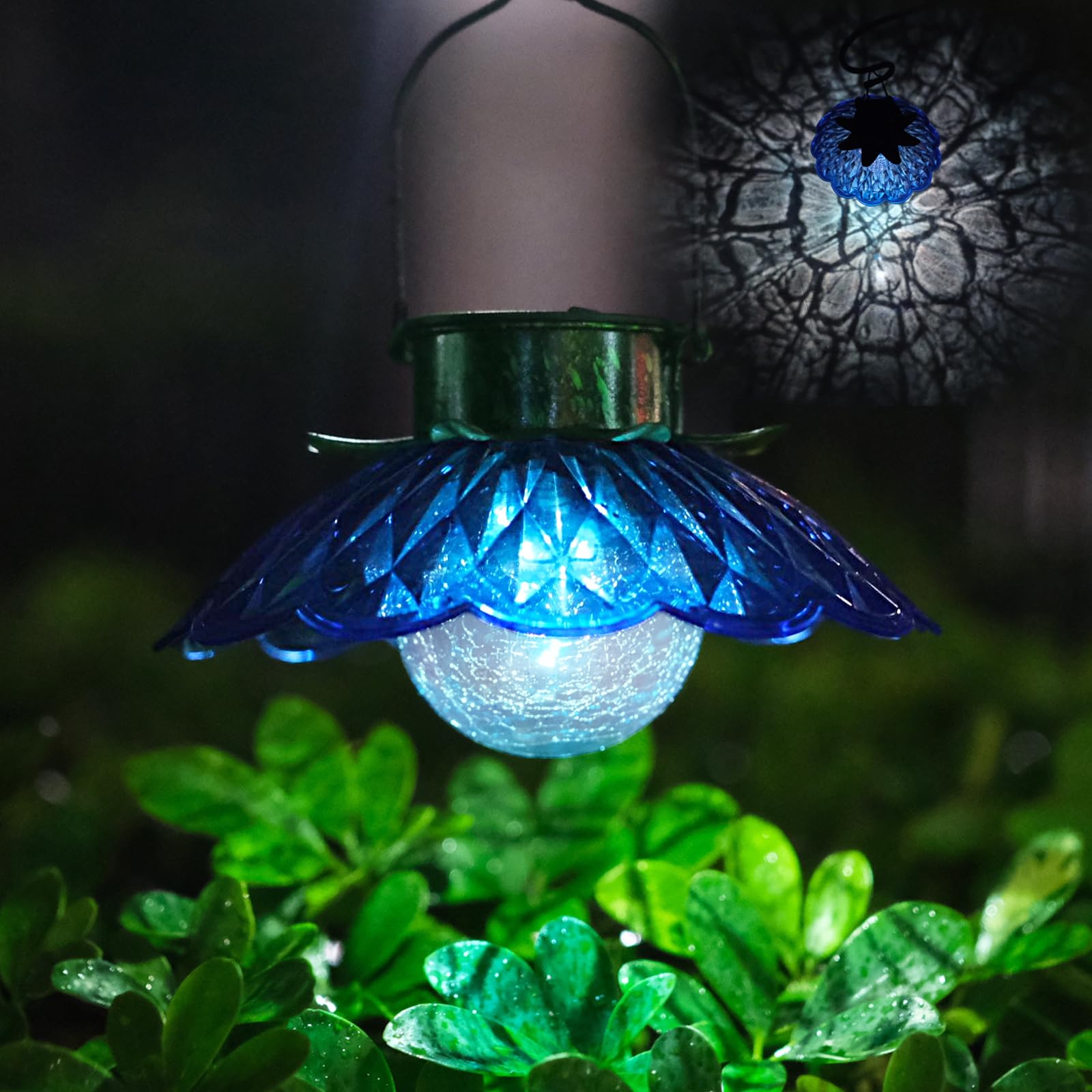 XUWEN Solar Lights Outdoor Waterproof - Blue Solar Flower Light with Crackle Globe Glass Light, Hanging Lanterns Decorative Outd