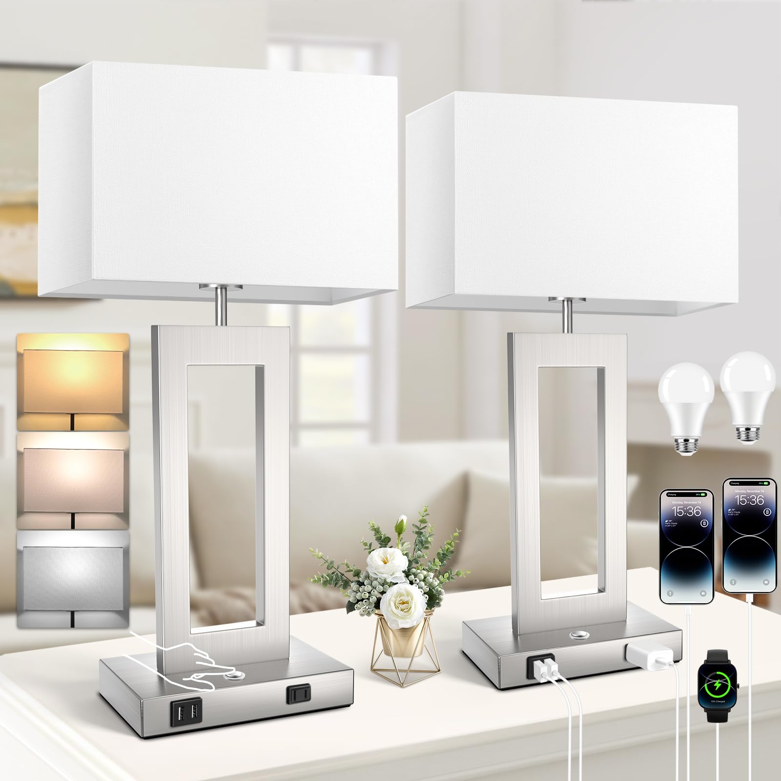 22 Touch Control Table Lamps Set Of 2, 3 Color Temperatures Bedroom Bedside Lamps, Modern Silver Dimmable Lamps With Usb Ports &