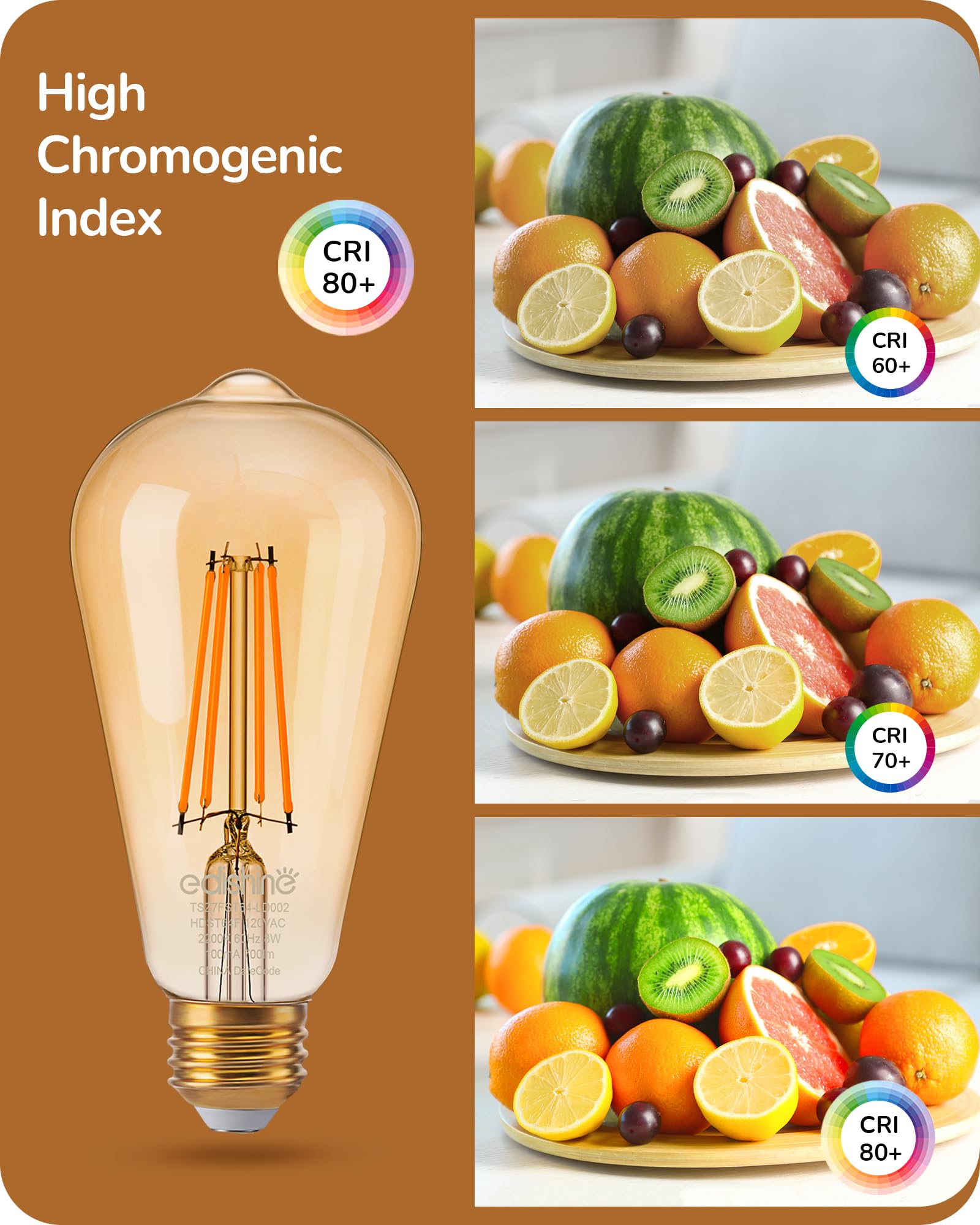 Edishine 12 Pack Vintage Led Edison Bulbs 8W Equivalent 60W, St64 Dimmable Led Light Bulbs, 700Lm 2200K Amber Warm Light E26, De