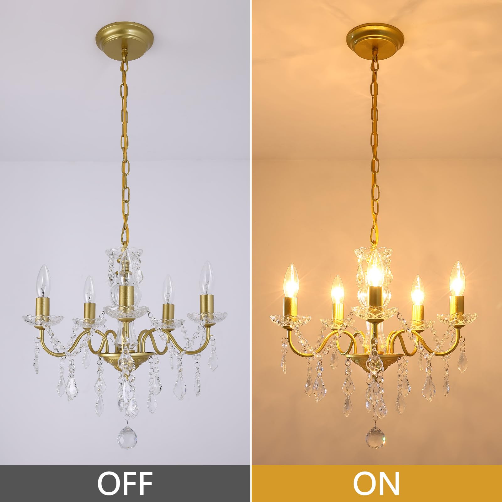 Chanlited Modern 5-Light Gold Chandelier With Glass Crystals, Candle Style Pendant Light Fixtures For Living Room, Girls Room, K
