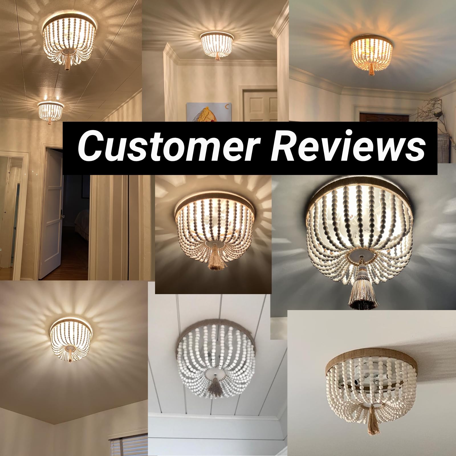 Viluxy 3-Light Bohemia Wood Beaded Flush Mount Ceiling Light For Bedroom & Kitchen Island