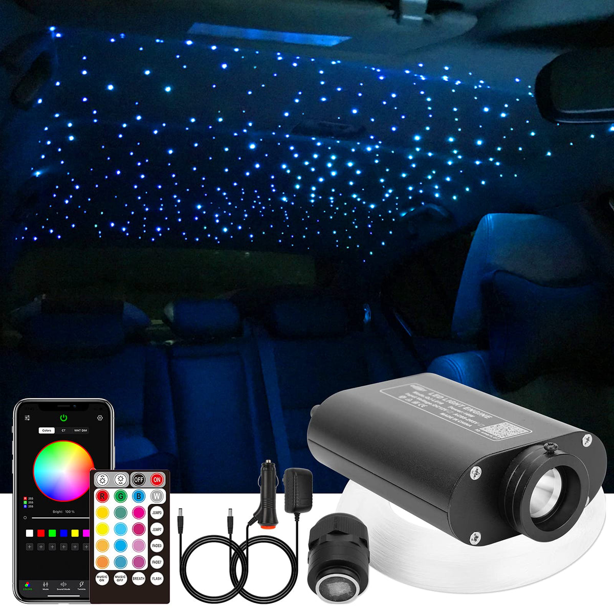 Chinly 16W 370Pcs 9.8Ft (0.03In+0.04In+0.06In) Car Use Bluetooth Rgbw Led Fiber Optic App&Remote Music Mode Starlight Headliner Light Kit+Adapter+Cigarette Lighter