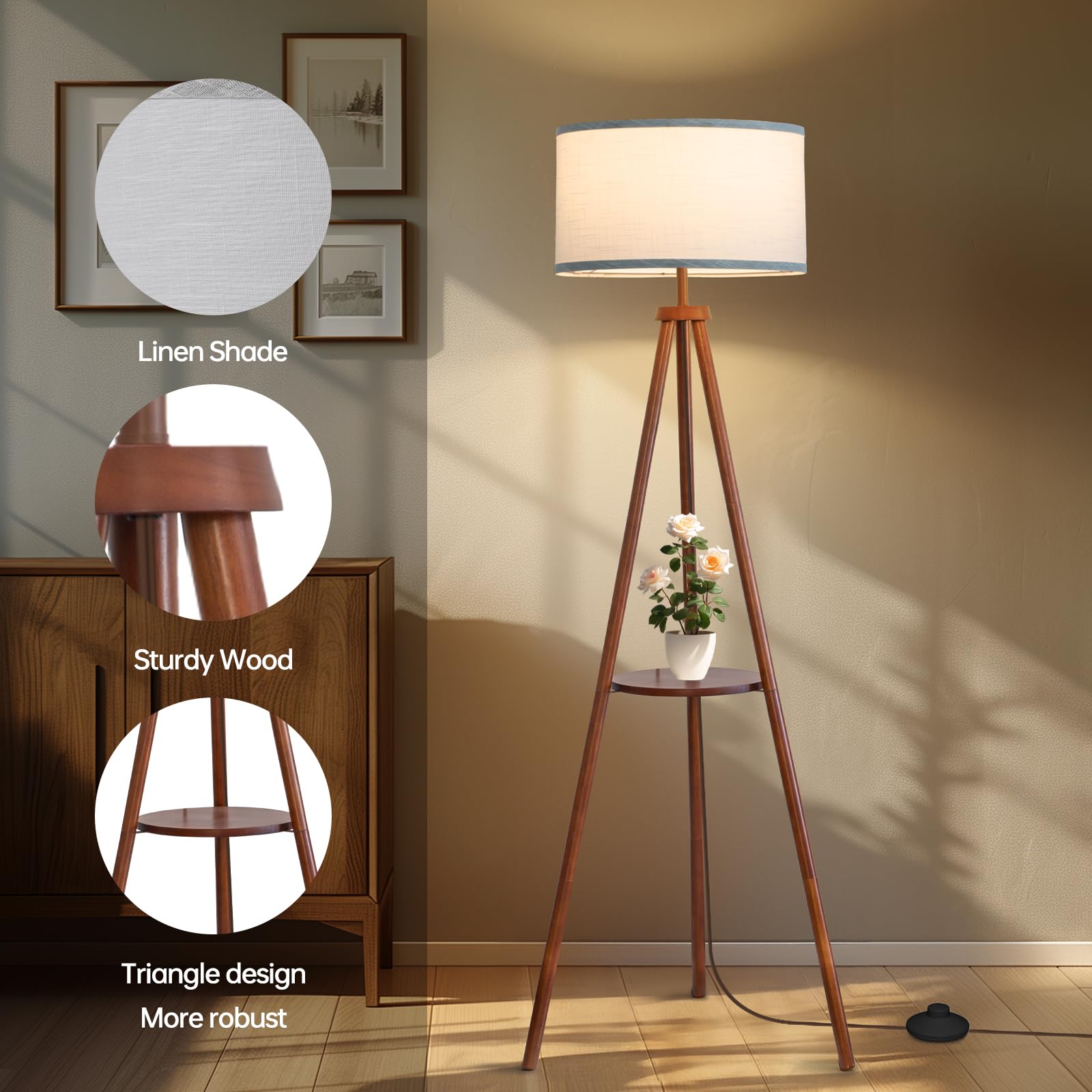Eoeyyoyb Floor Lamps For Living Room, Modern Standing Lamp With Shelf, 3 Color Temperature Led Bulb Tall Lamps With Foot Switch