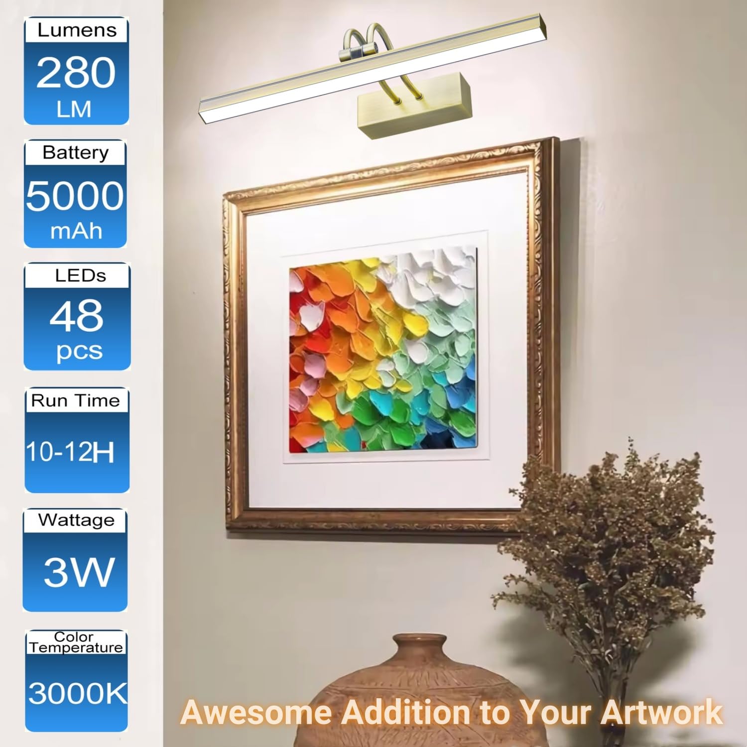 FUNCHDAY Picture Light Wireless, 13 Rechargeable Battery Operated Picture Lights with Remote Timer, 280LM Dimmable Gallery Light