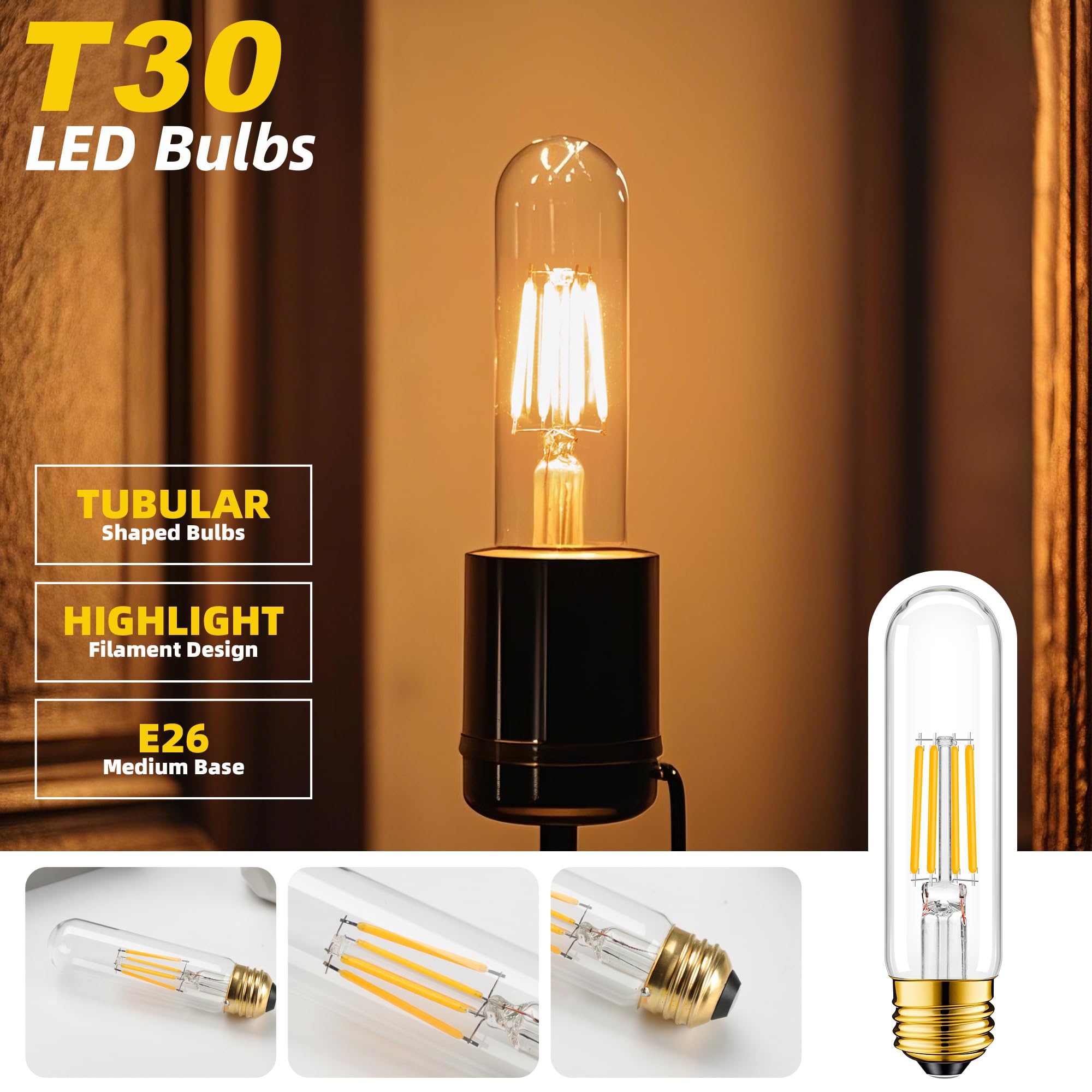 Ganlilan Dimmable E26 T10 Led Bulb 4W 40 Watts,Tube Light Bulbs,Skinny Long Tubular Light Bulb For Curio Cabinet,Piano,Ceiling,R
